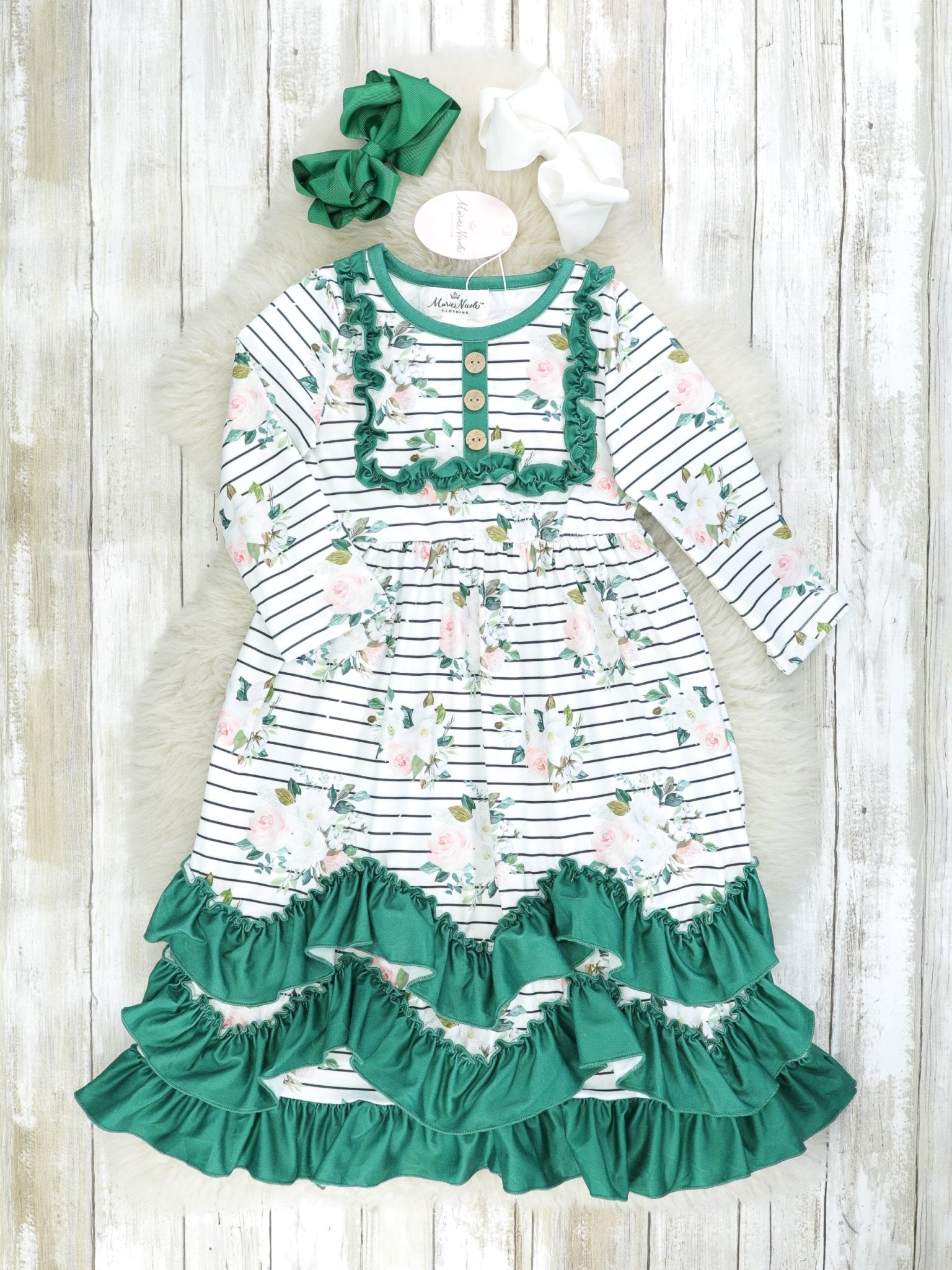 Forrest Green Striped Floral Tiered Ruffle Maxi Dress - Marie Nicole Clothing