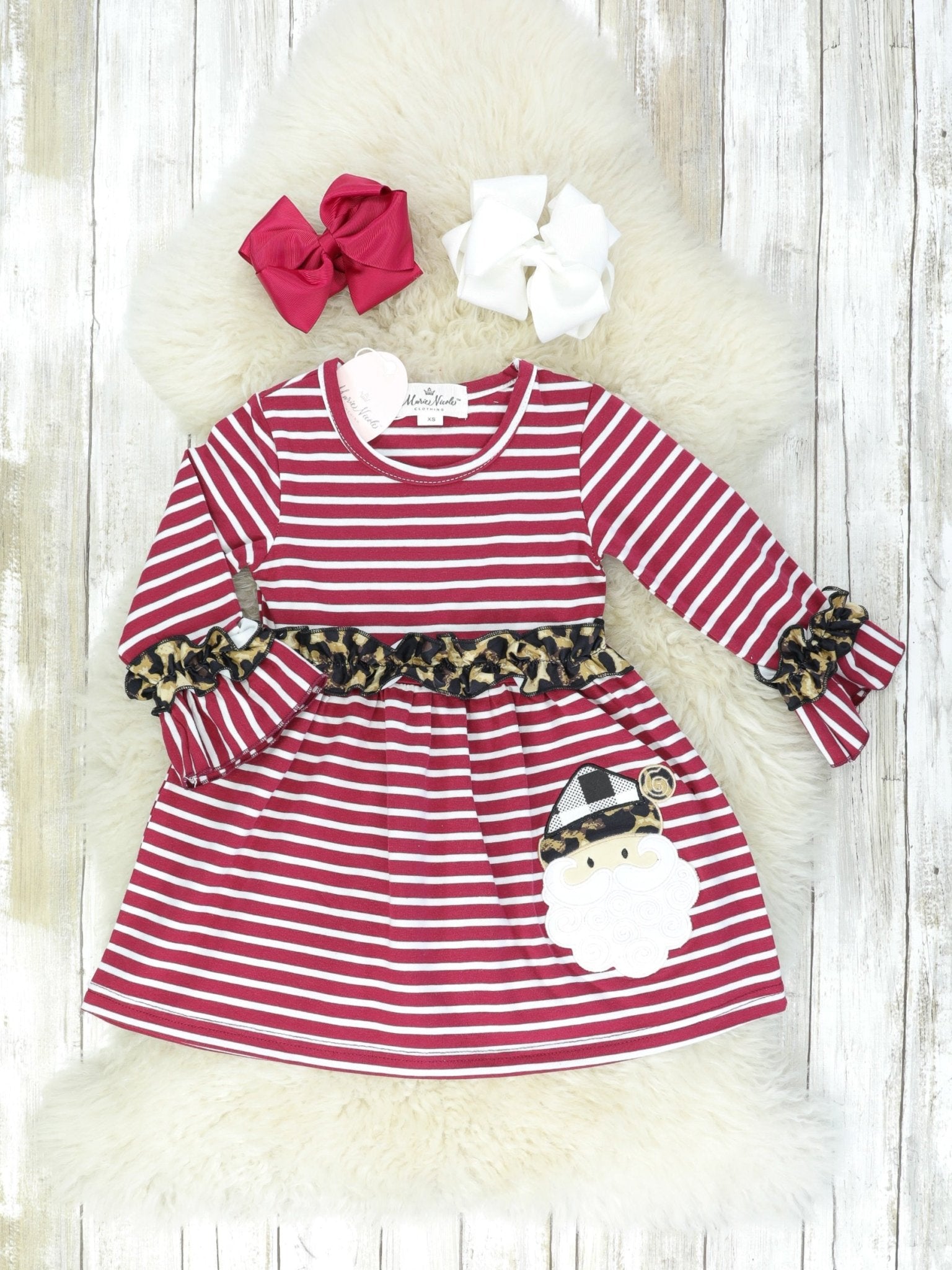Burgundy Striped Leopard Santa Ruffle Dress - Marie Nicole Clothing