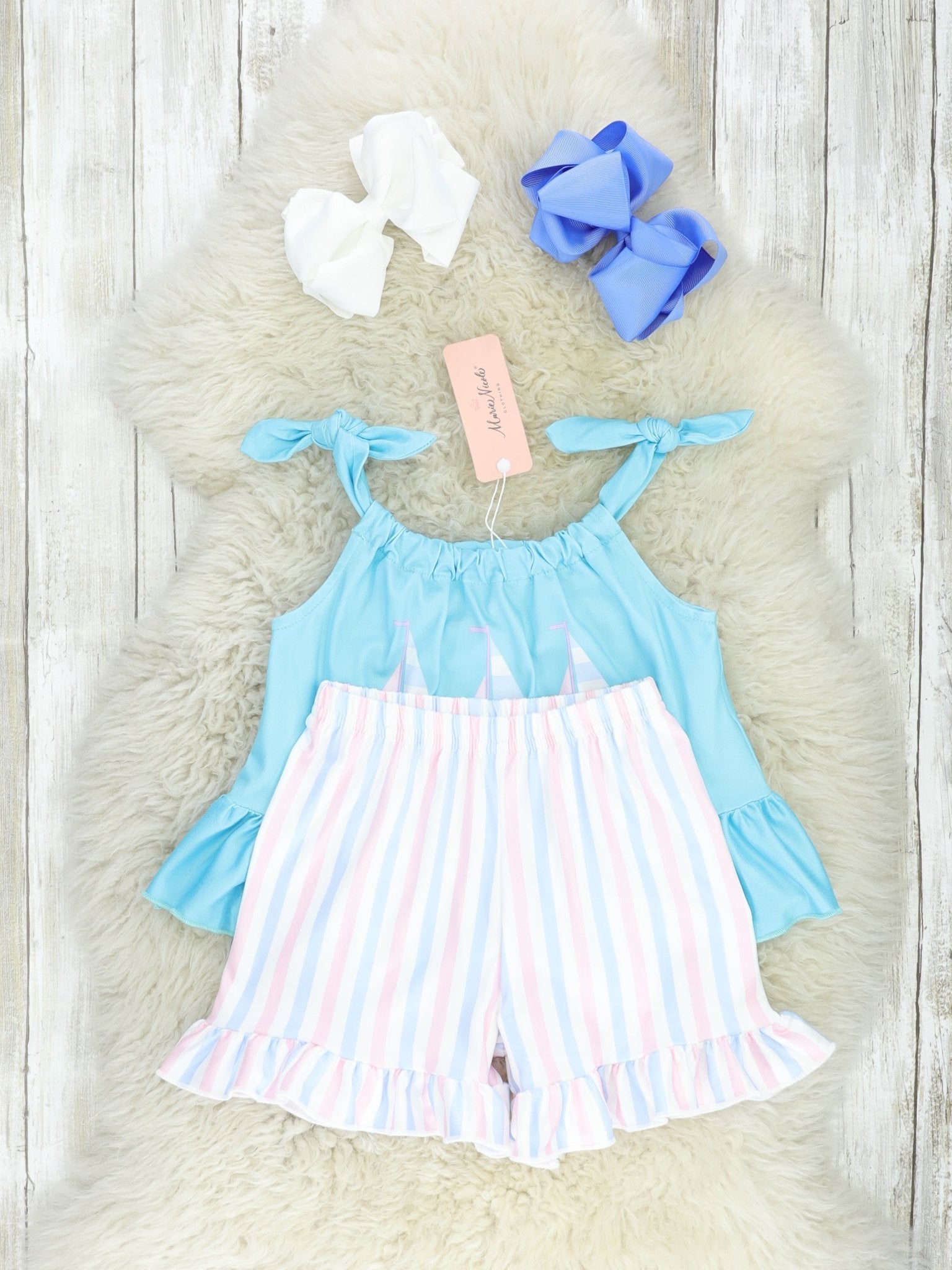 Blue Striped Sailboat Ruffle Outfit - Marie Nicole Clothing
