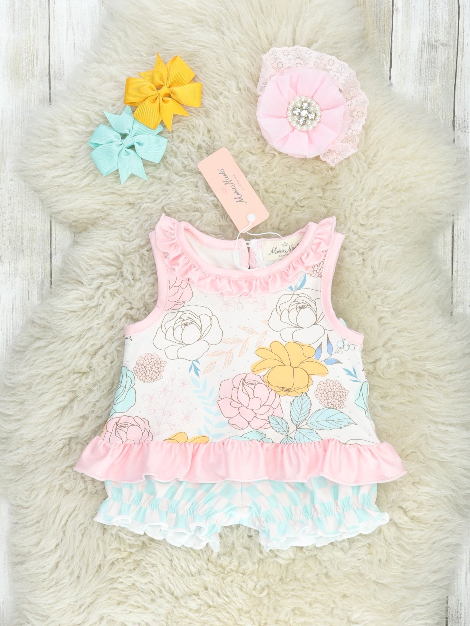 Mint Checkered Floral Bloomers Outfit - Marie Nicole Clothing