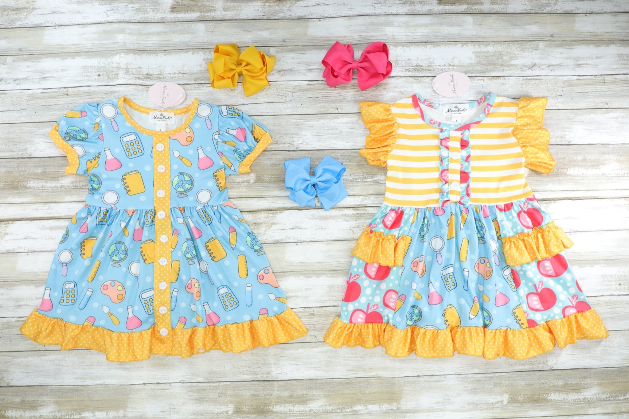 Blue & Yellow School Supplies Ruffle Dress - Marie Nicole Clothing