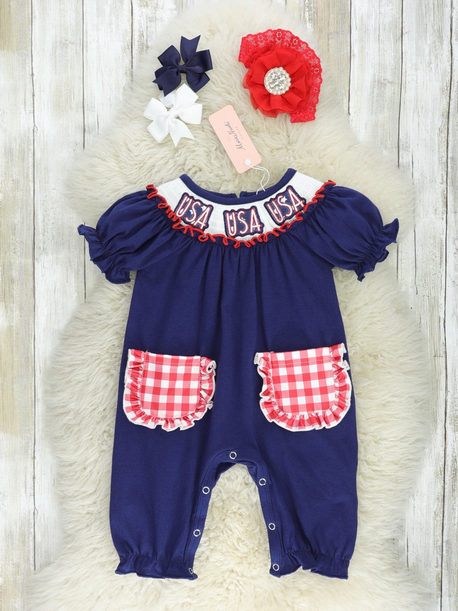 "USA" Smocked Gingham Romper - Marie Nicole Clothing