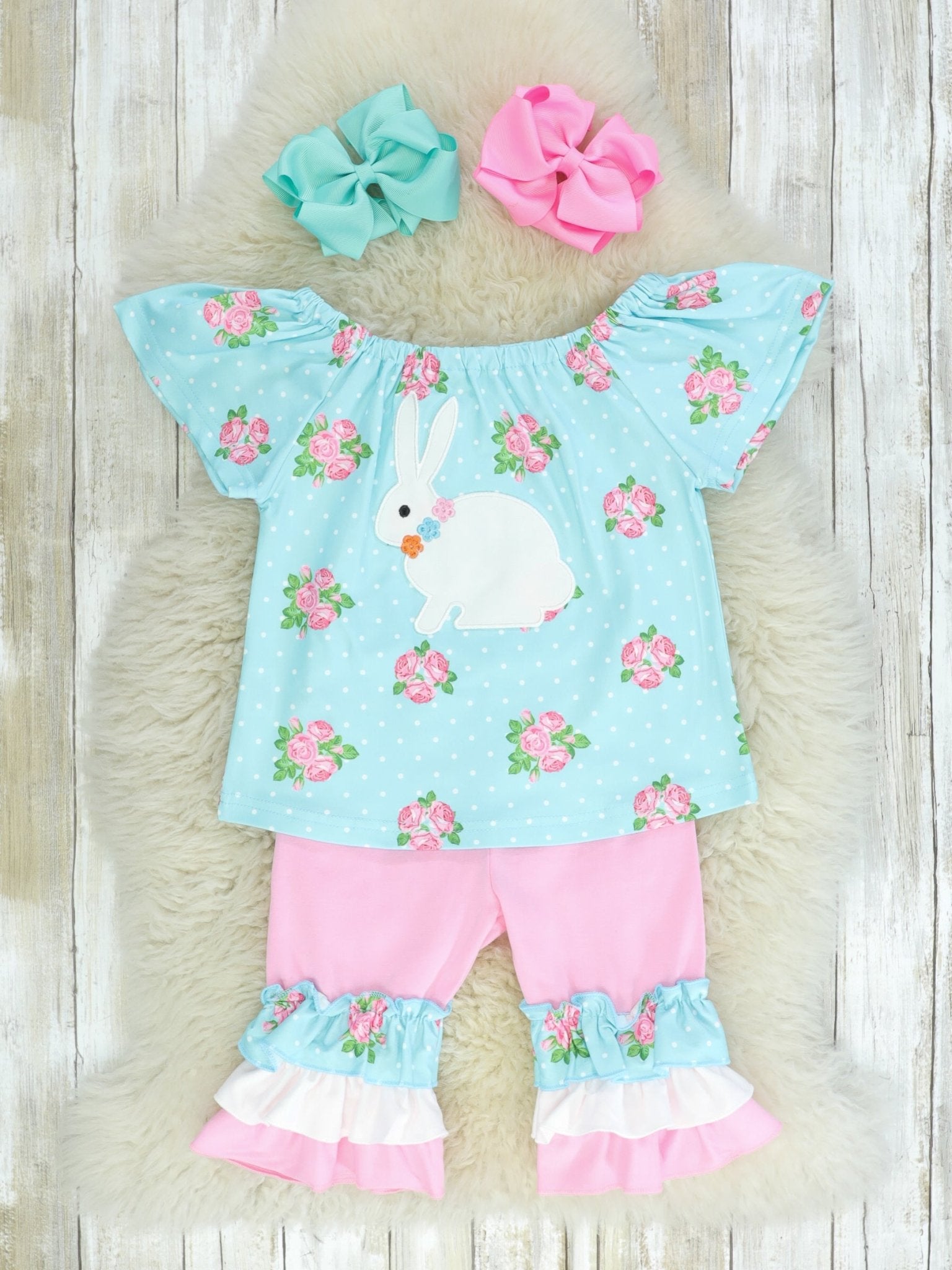 Pink & Blue Polka Dot Bunny Ruffle Outfit - Marie Nicole Clothing