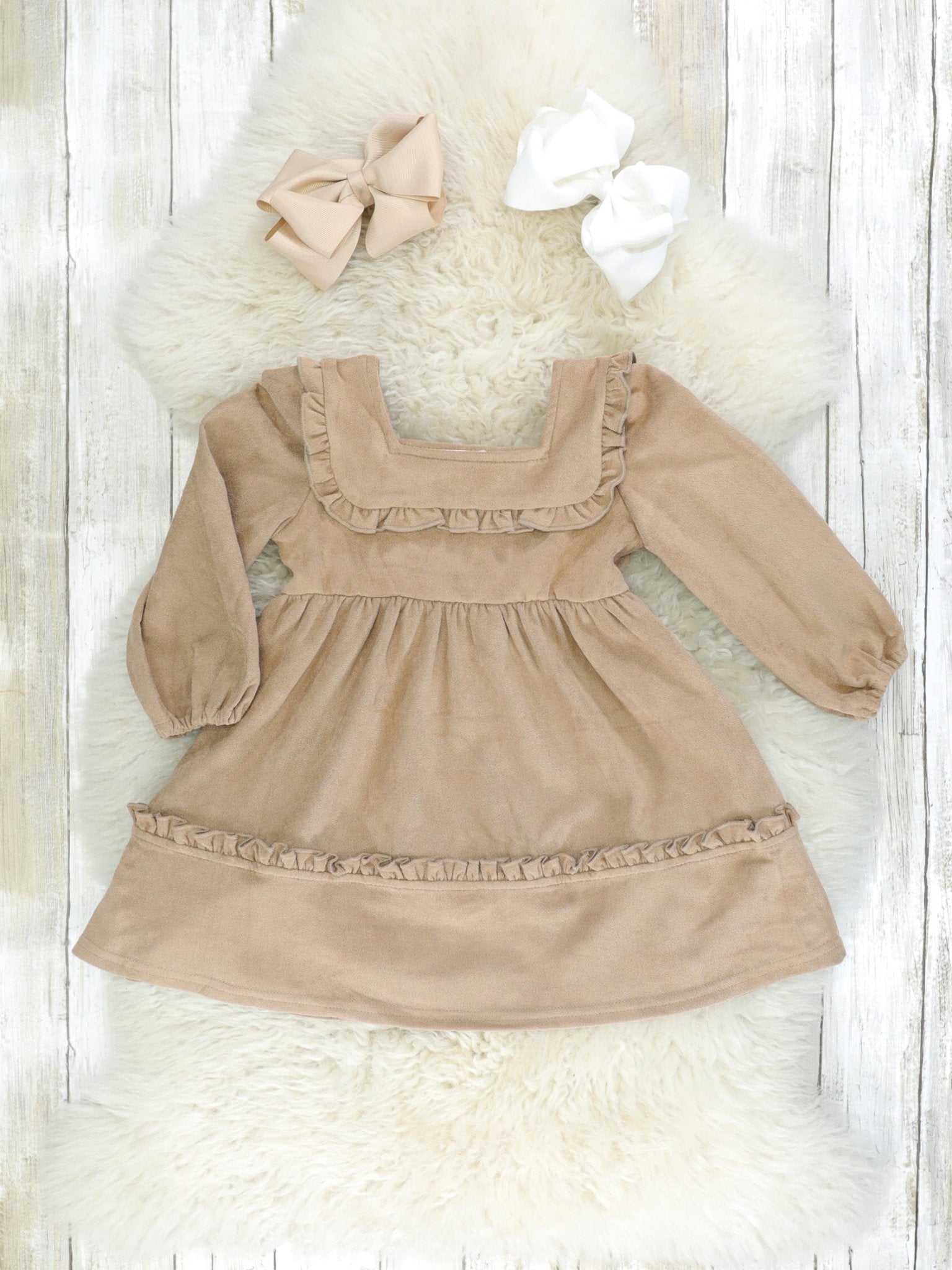 Mocha Suede Square Neck Ruffle Dress - Marie Nicole Clothing