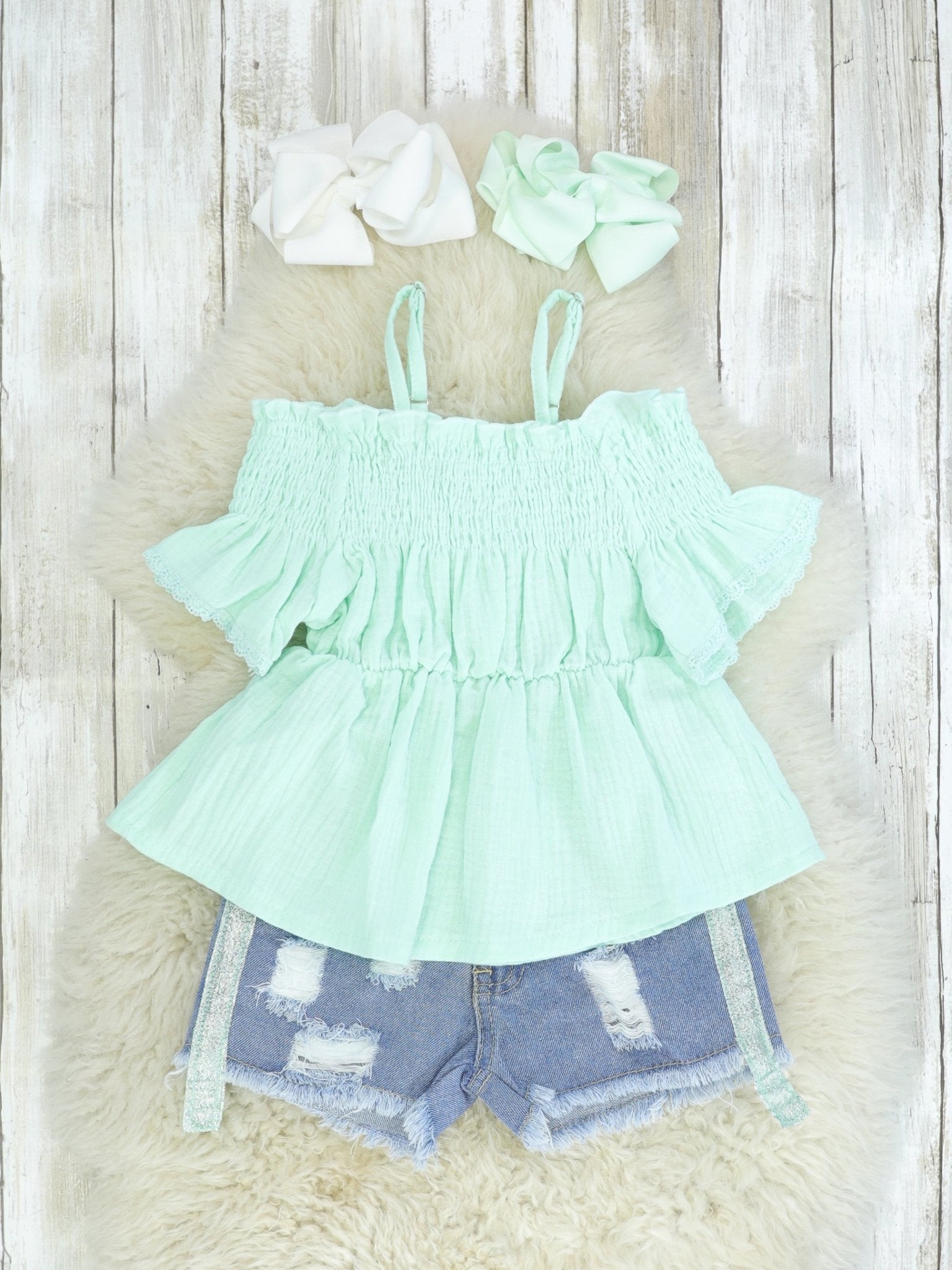 Mint Peplum Top & Distressed Denim Outfit - Marie Nicole Clothing