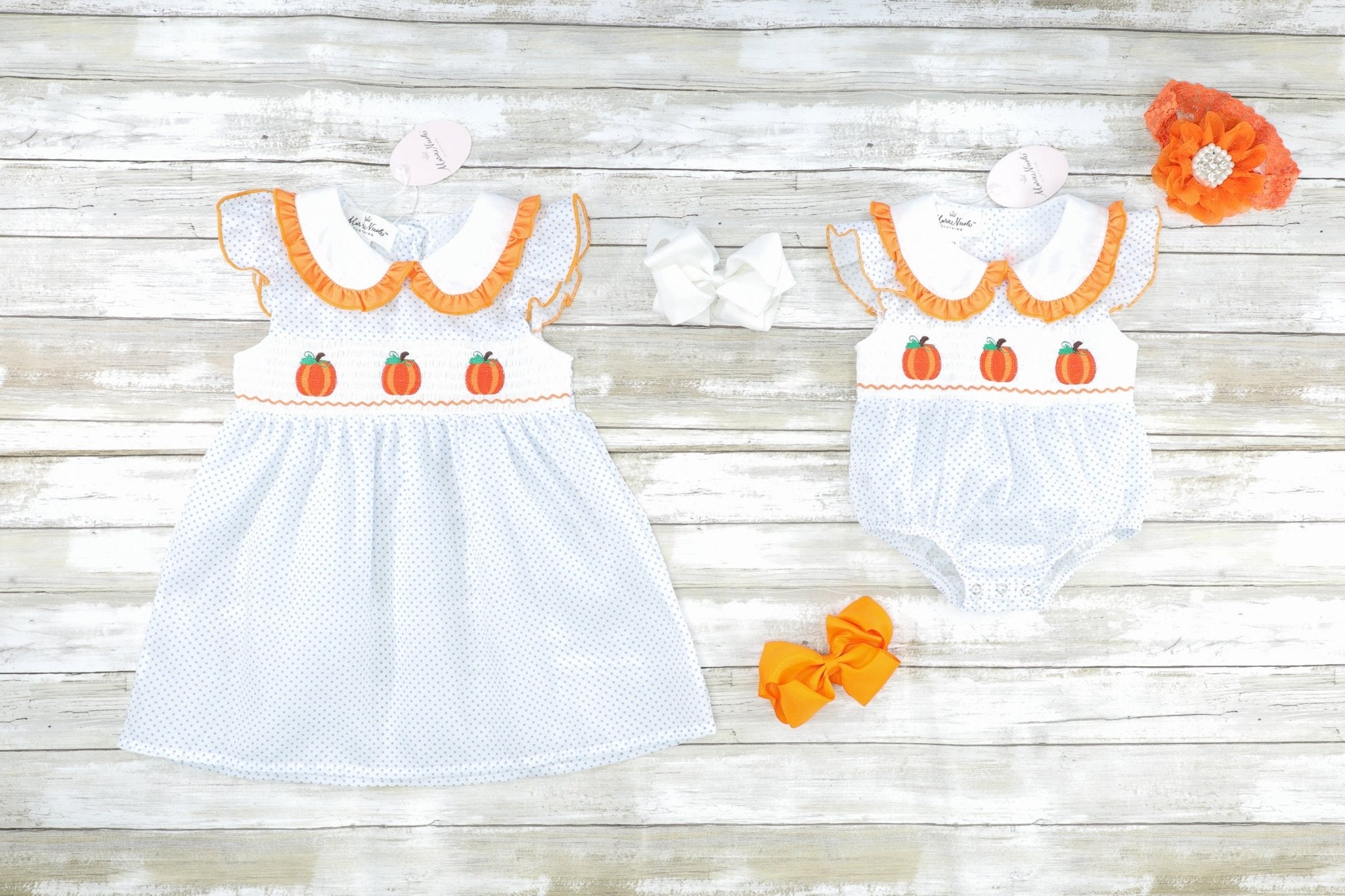 Light Blue Smocked Pumpkin Romper - Marie Nicole Clothing