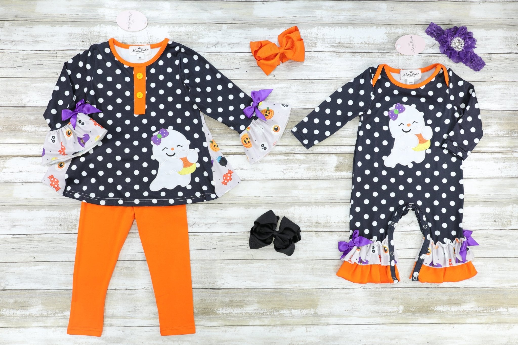 Polka Dot Candy Corn Ghost Romper - Marie Nicole Clothing