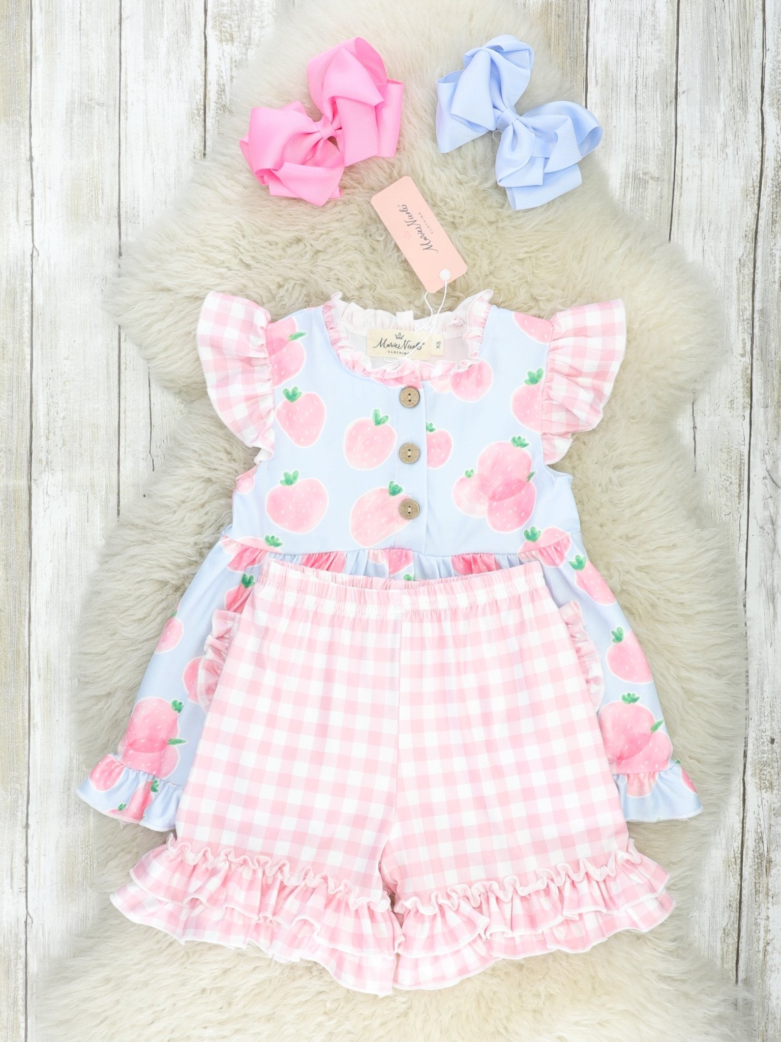 Pastel Gingham Strawberry Ruffle Outfit - Marie Nicole Clothing