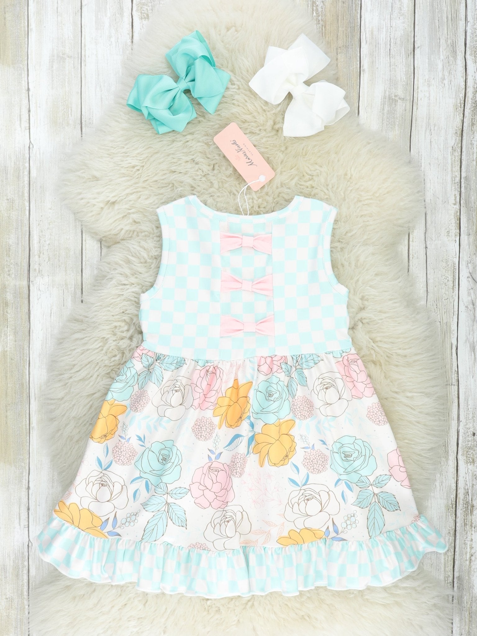 Mint Checkered Floral Ruffle Dress - Marie Nicole Clothing