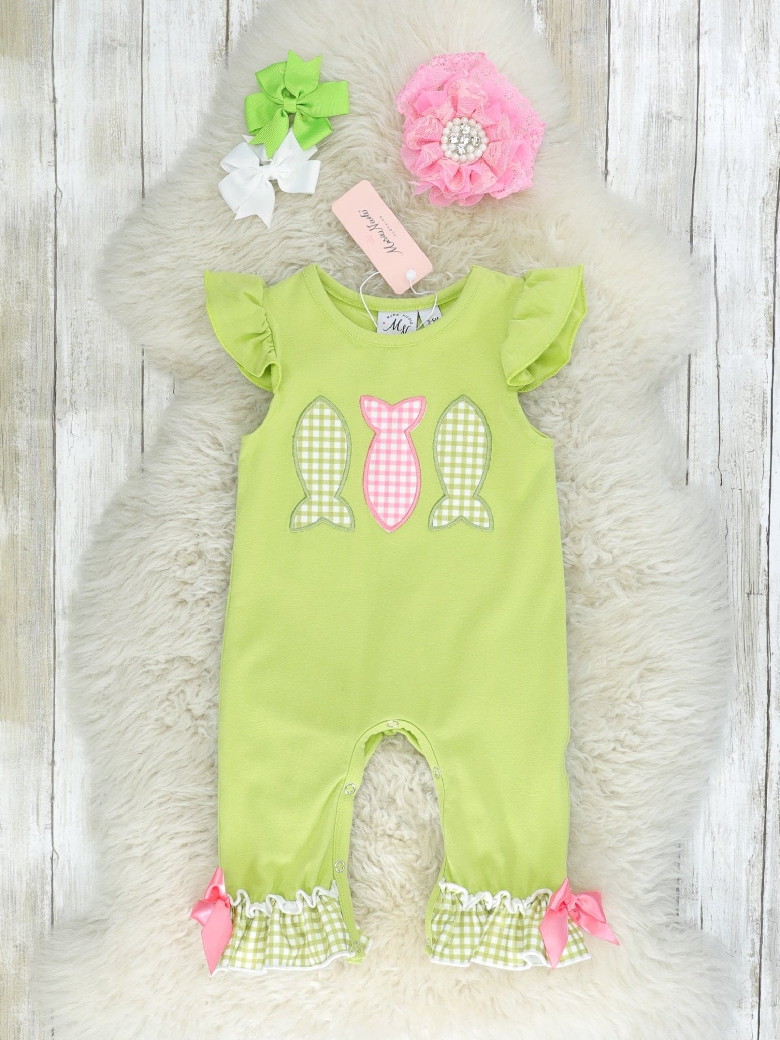 Green Gingham Fish Ruffle Romper - Marie Nicole Clothing