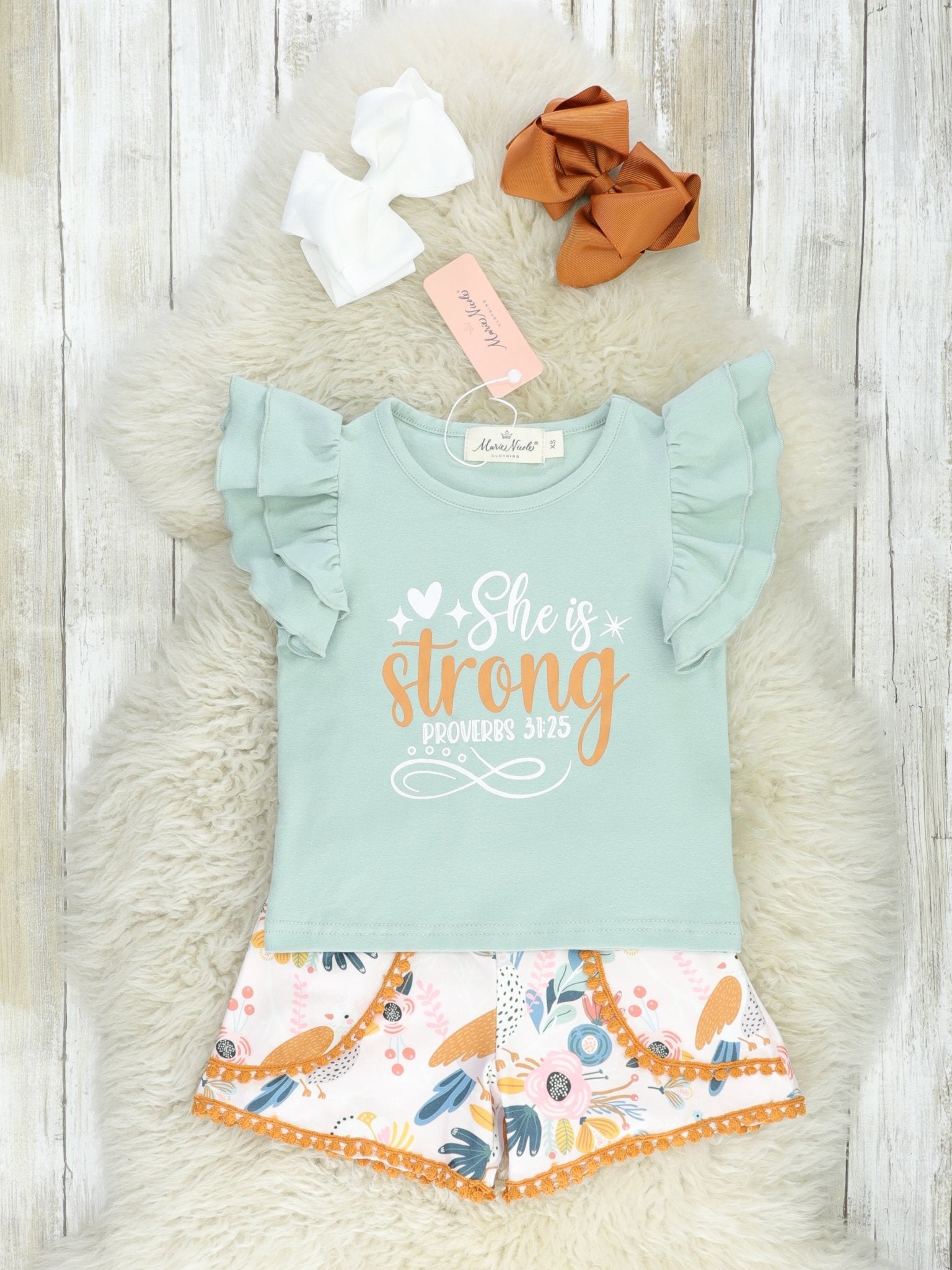 "She Is Strong" Floral Ruffle Outfit - Marie Nicole Clothing