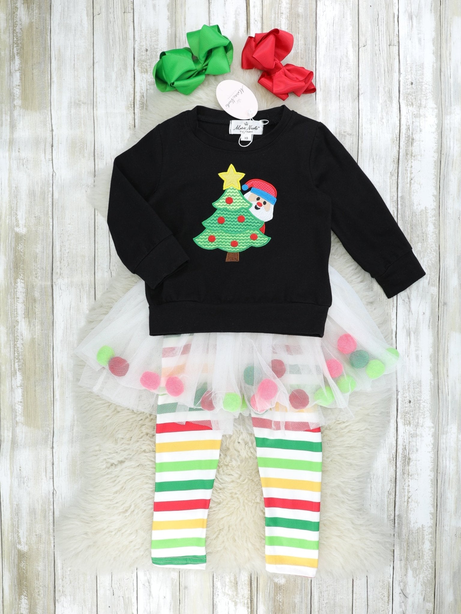 Striped Christmas Tree Tulle Pom Pom Outfit - Marie Nicole Clothing
