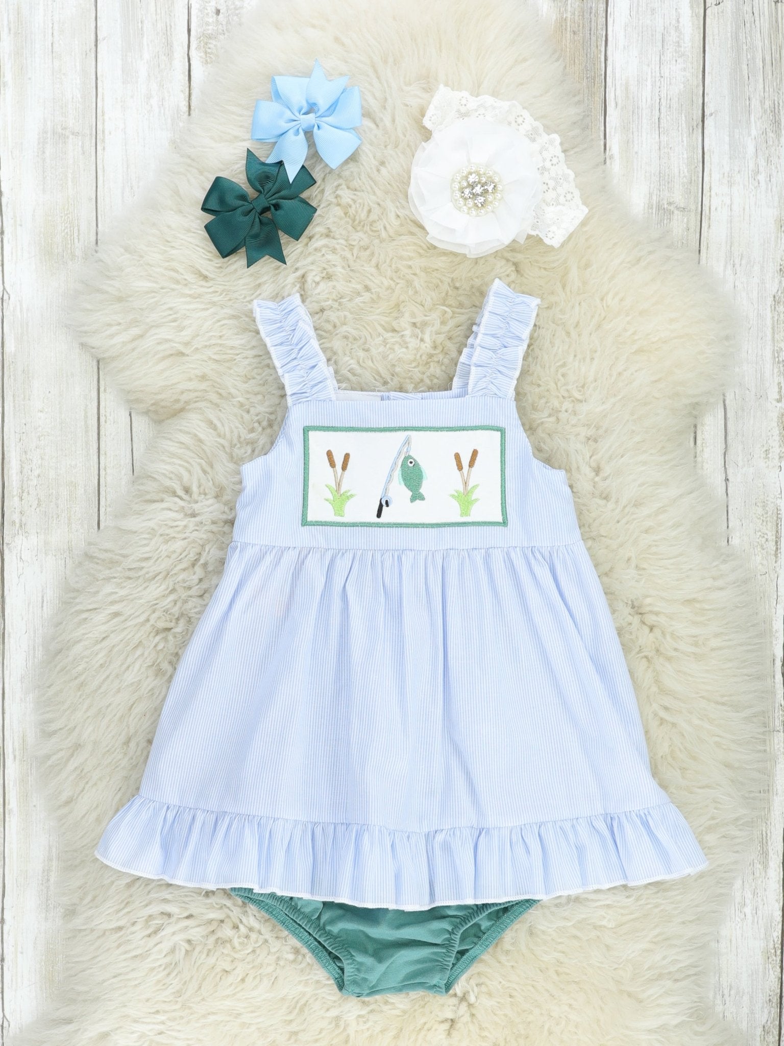 Smocked Fishing Ruffle Bloomers Outfit - Marie Nicole Clothing
