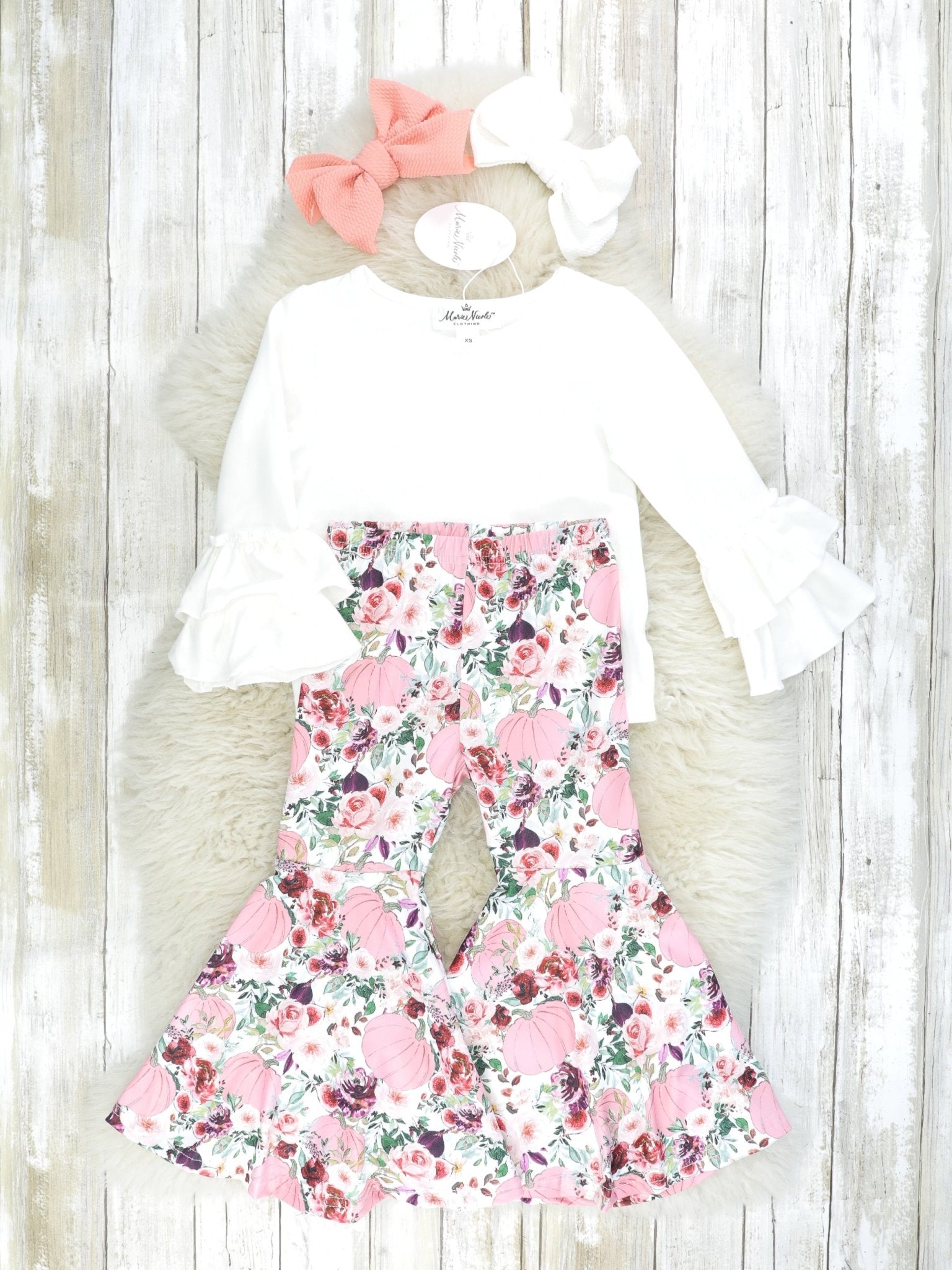 Mauve Fuzzy Vest & Floral Bell Bottoms Outfit - Marie Nicole Clothing