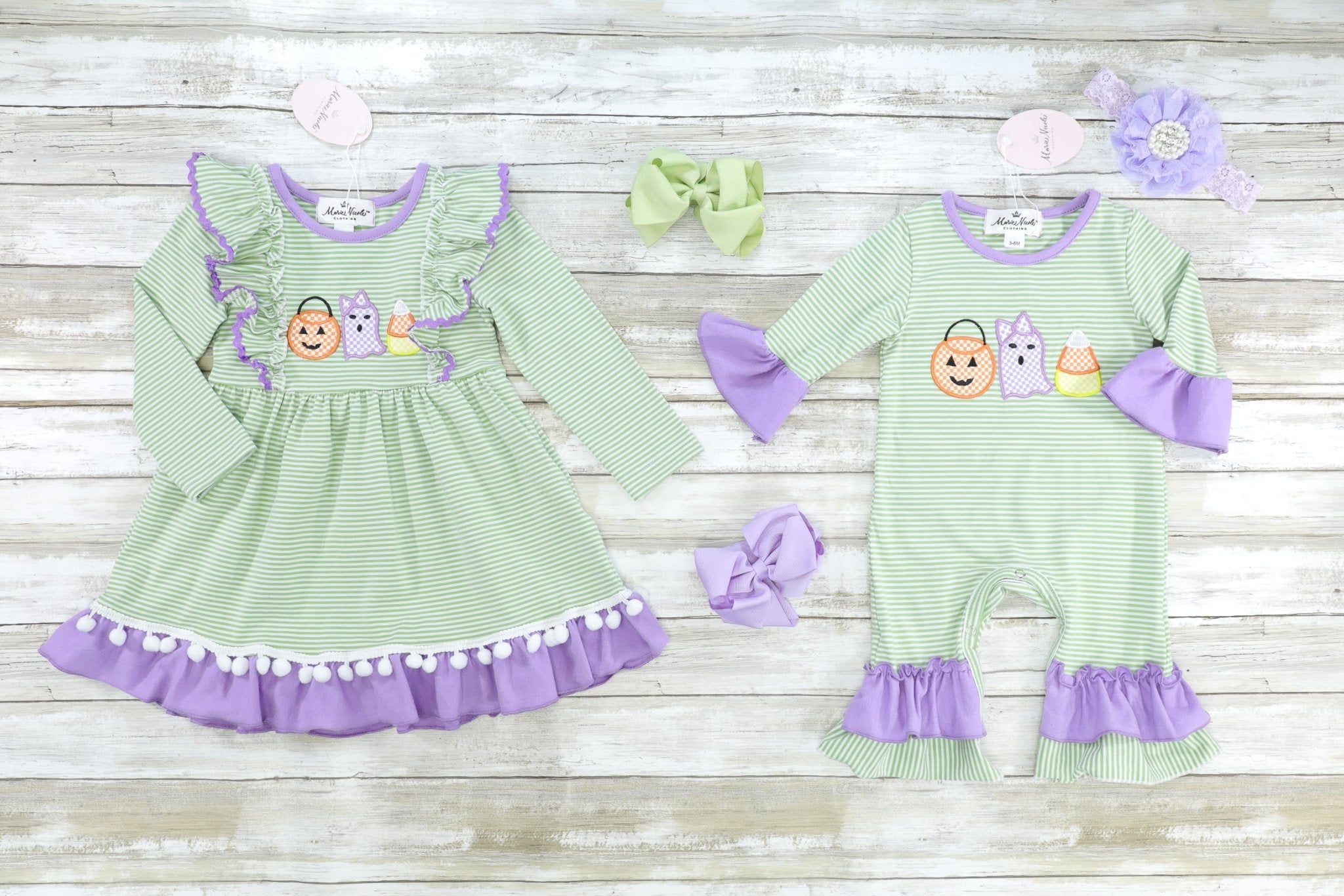 Green & Purple Halloween Ruffle Romper - Marie Nicole Clothing