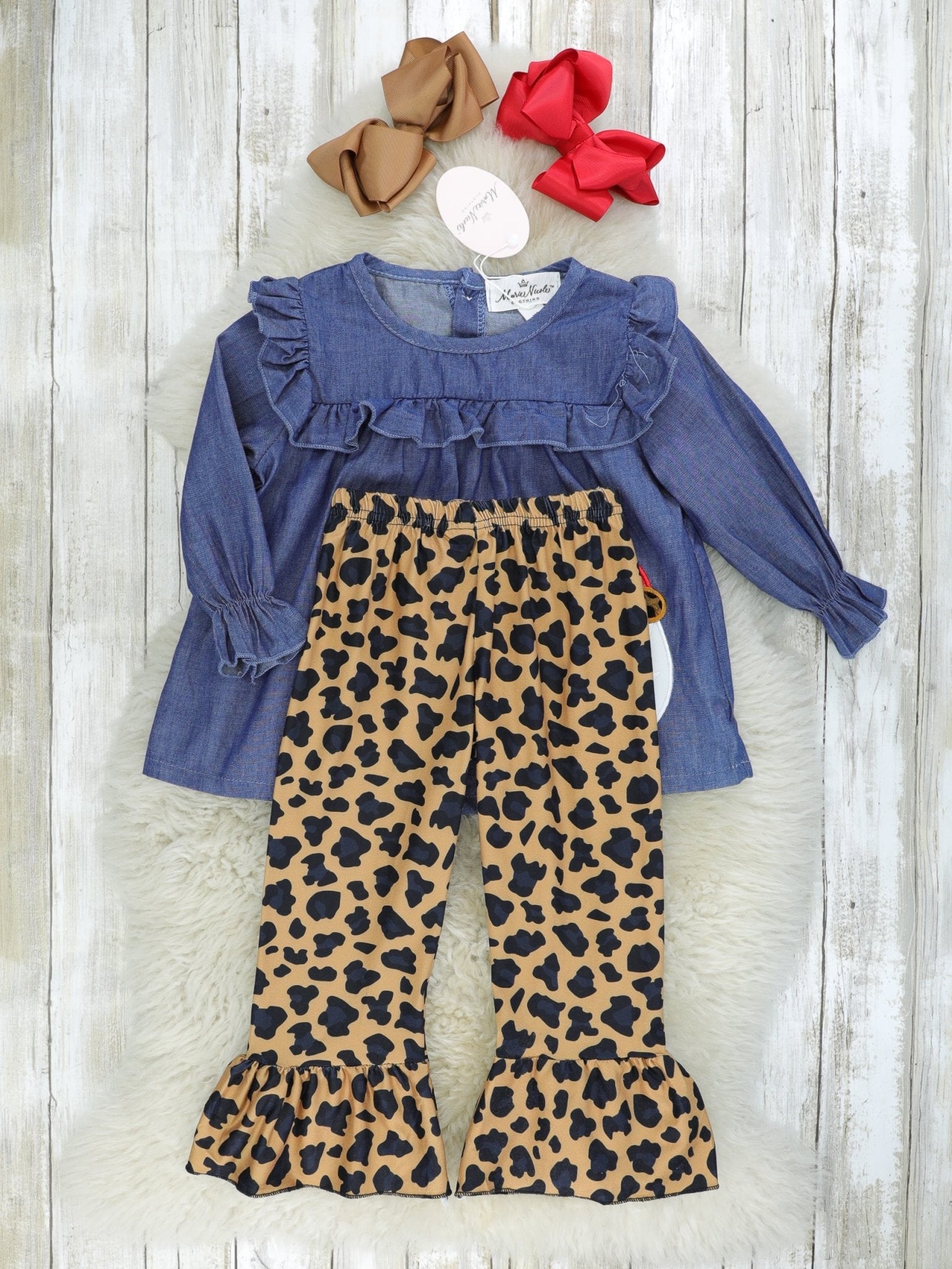 Chambray Leopard Santa Ruffle Outfit - Marie Nicole Clothing
