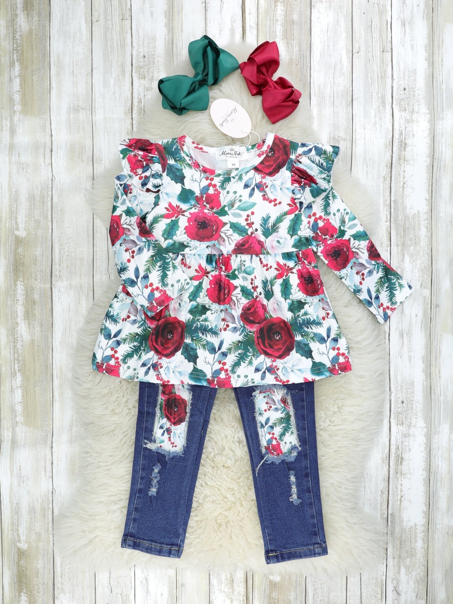 Hunter Green Rose Denim Outfit - Marie Nicole Clothing