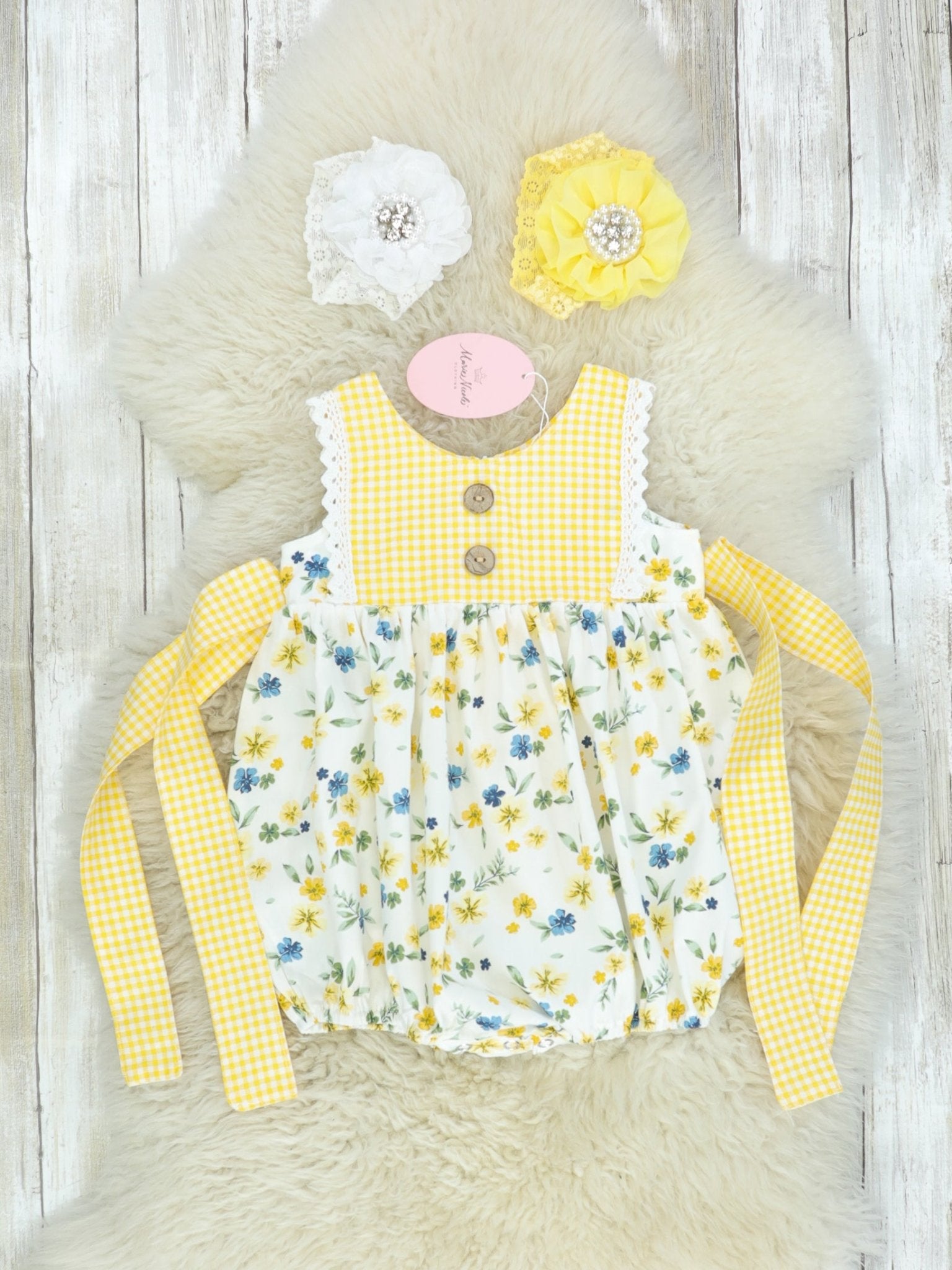 Yellow Check Floral Romper - Marie Nicole Clothing