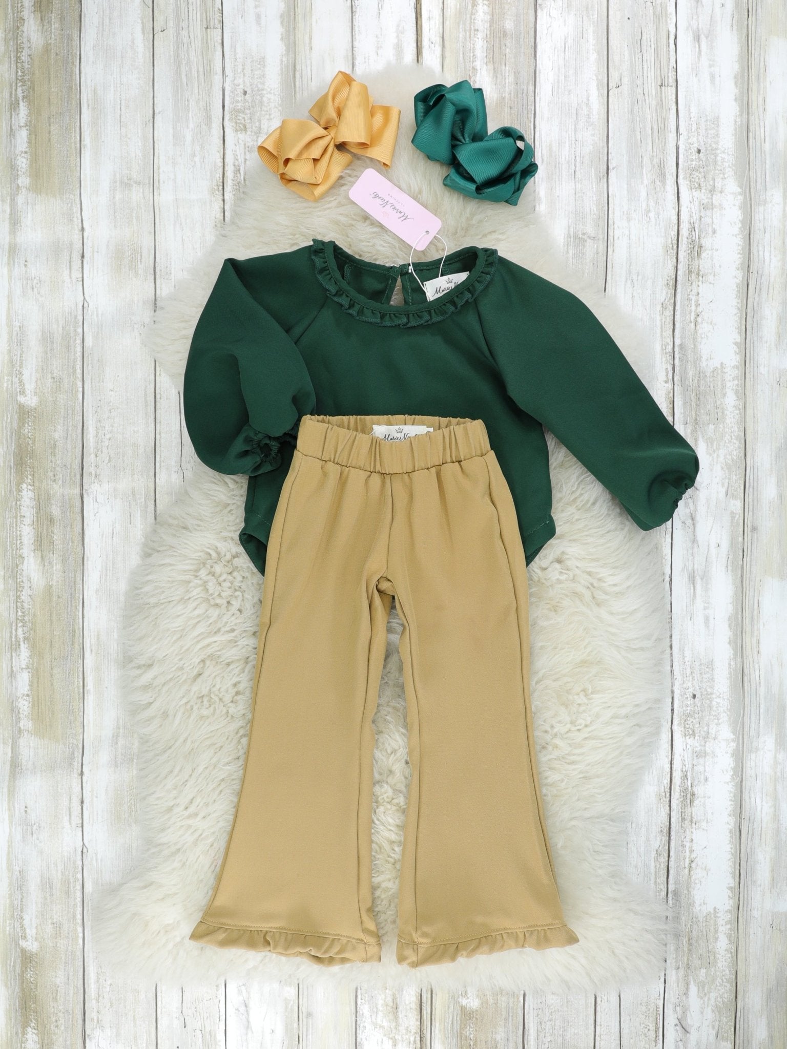 Hunter Green Puff Sleeve Ruffle Top - Marie Nicole Clothing