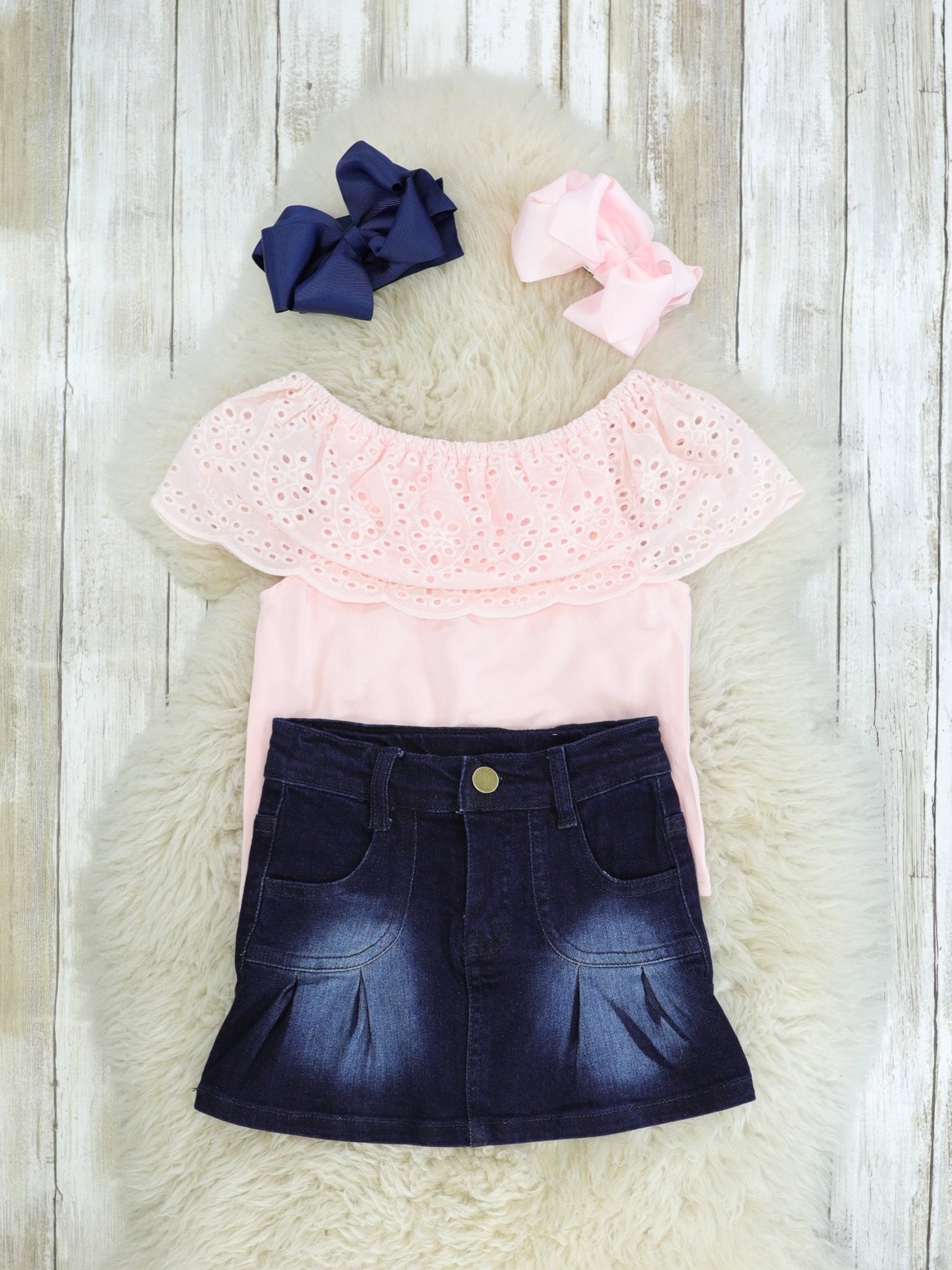 Light Pink Top & Denim Skirt Outfit - Marie Nicole Clothing