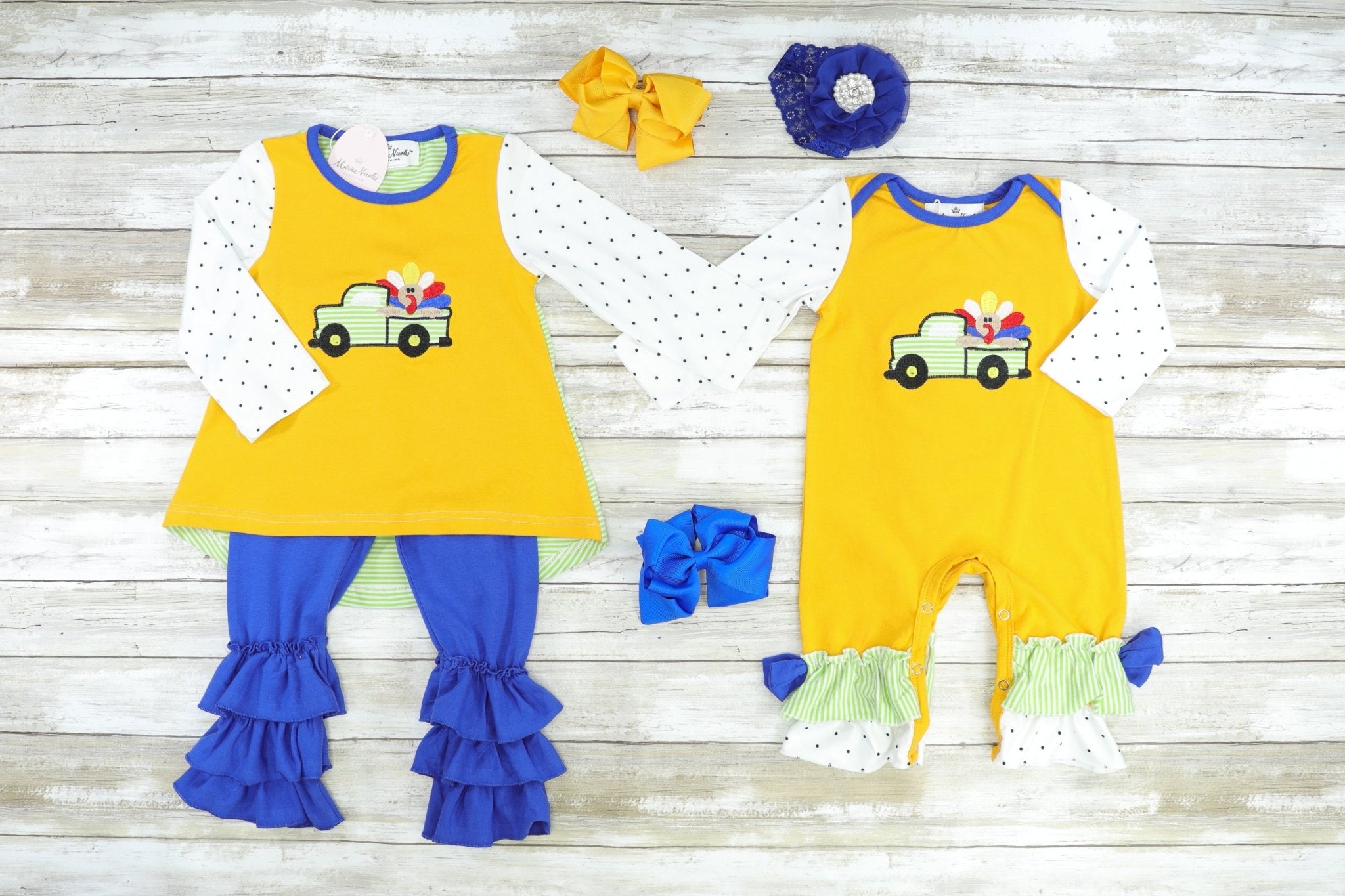 Turkey Truck Mustard Ruffle Romper - Marie Nicole Clothing