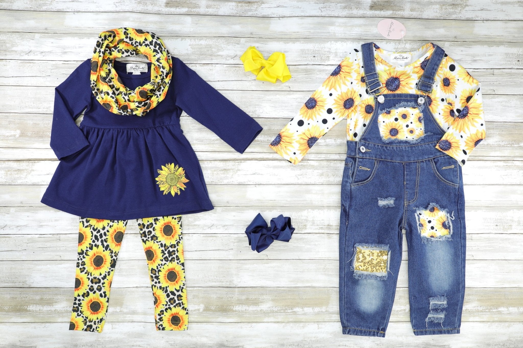Sunflower Top & Distressed Denim Overall Set - Marie Nicole Clothing