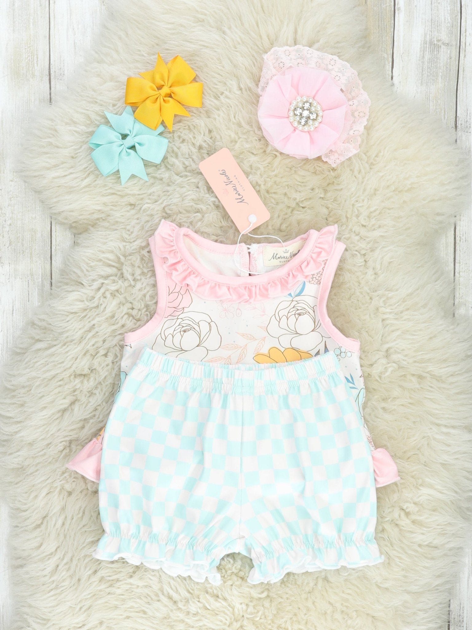 Mint Checkered Floral Bloomers Outfit - Marie Nicole Clothing