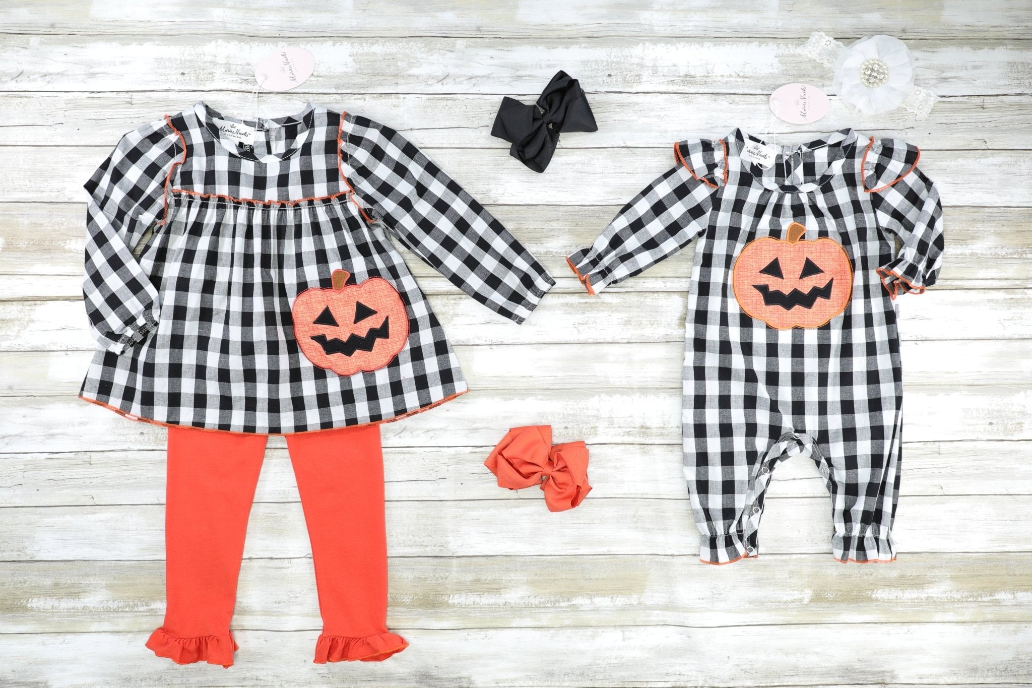 Gingham Jack - O - Lantern Ruffle Romper - Marie Nicole Clothing
