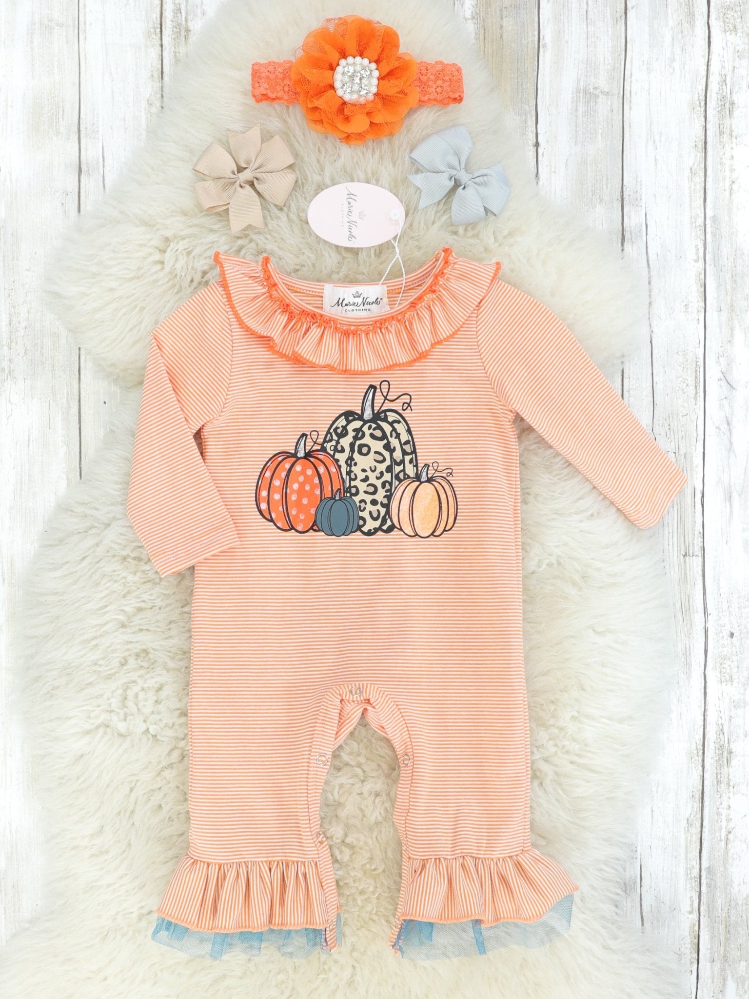 Light Orange Pumpkins Tulle Ruffle Romper - Marie Nicole Clothing