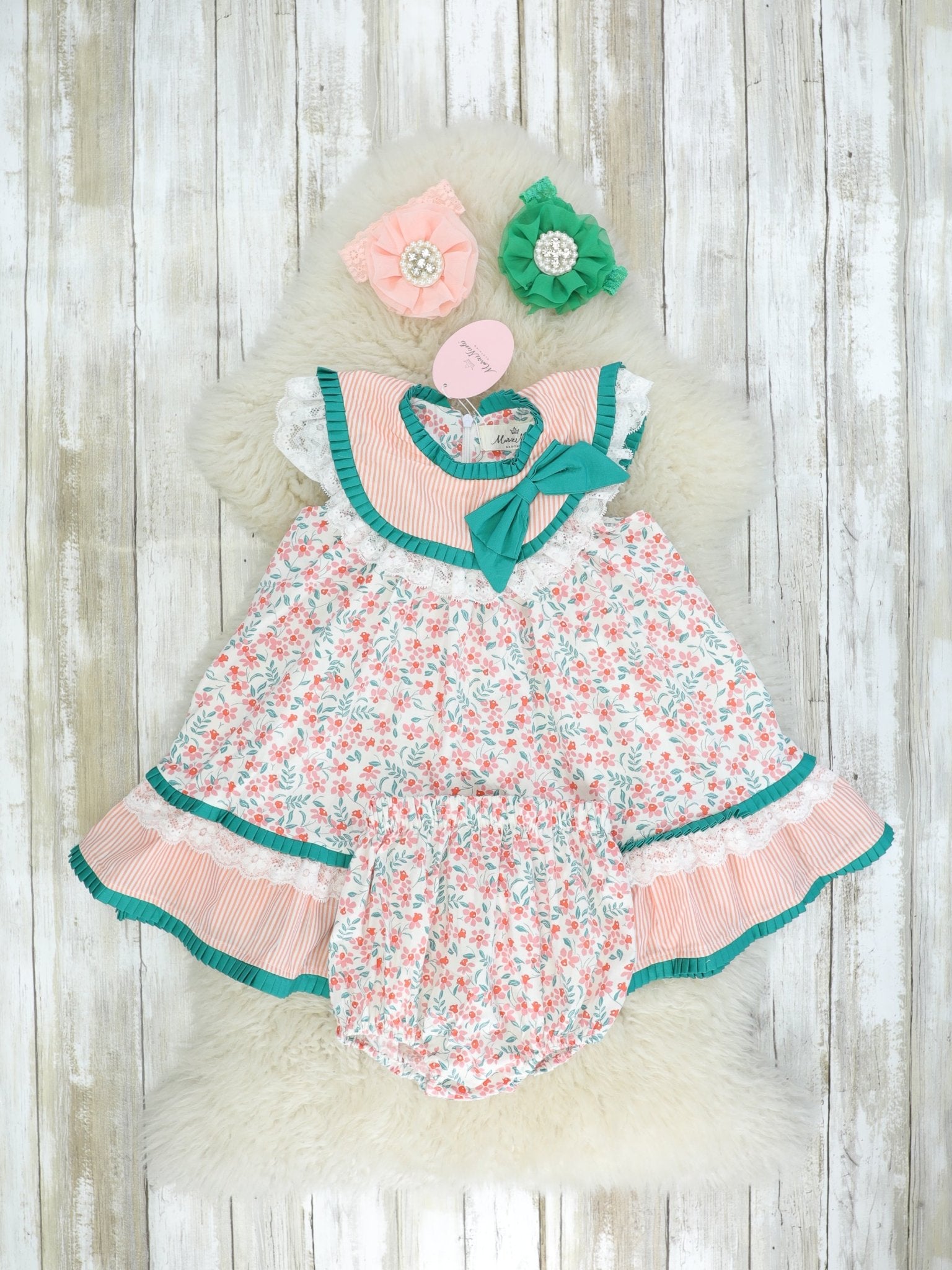 Pink & Green Floral Bow Bubble Dress - Marie Nicole Clothing