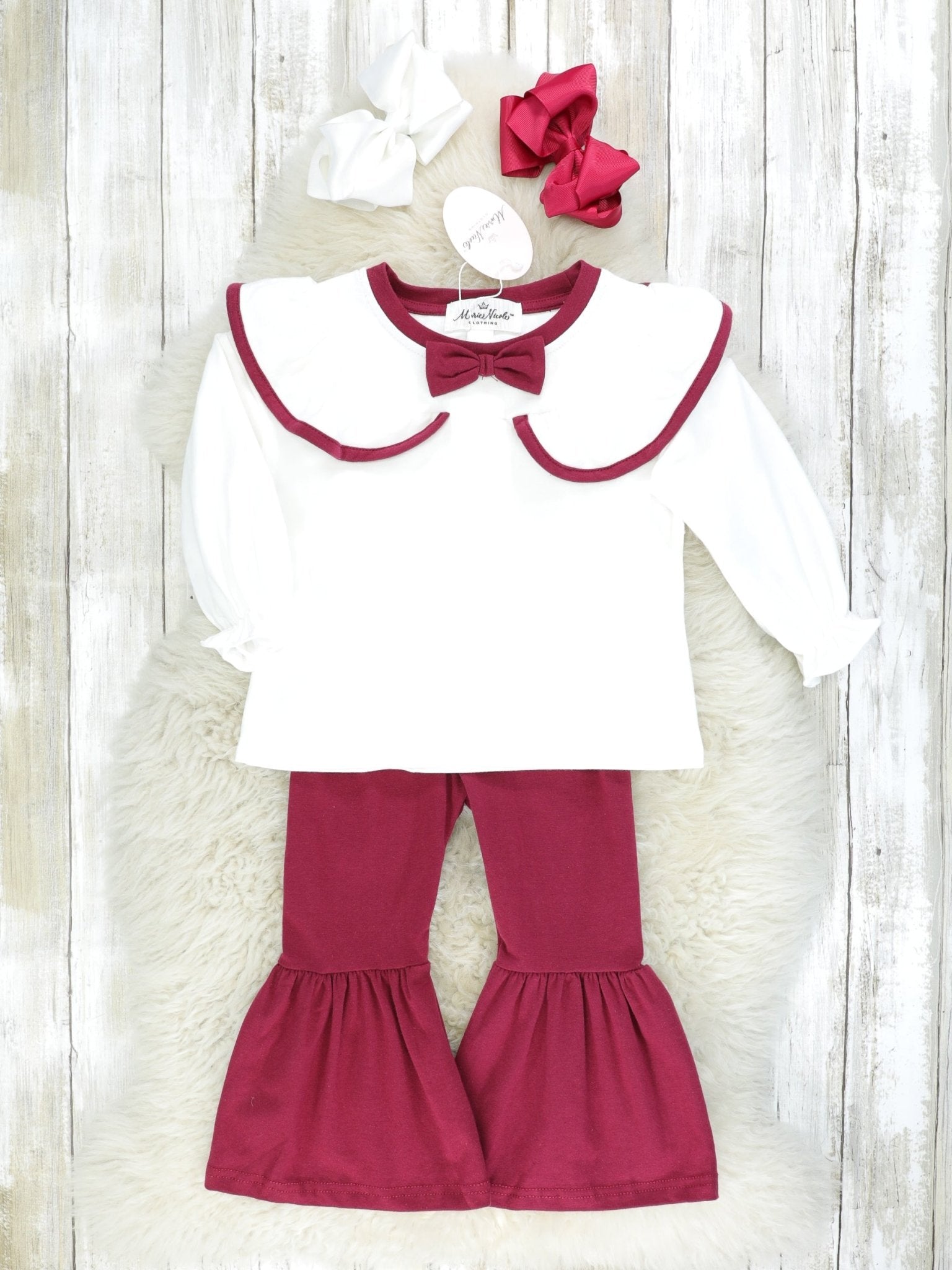 Burgundy & White Bell Bottom Outfit - Marie Nicole Clothing