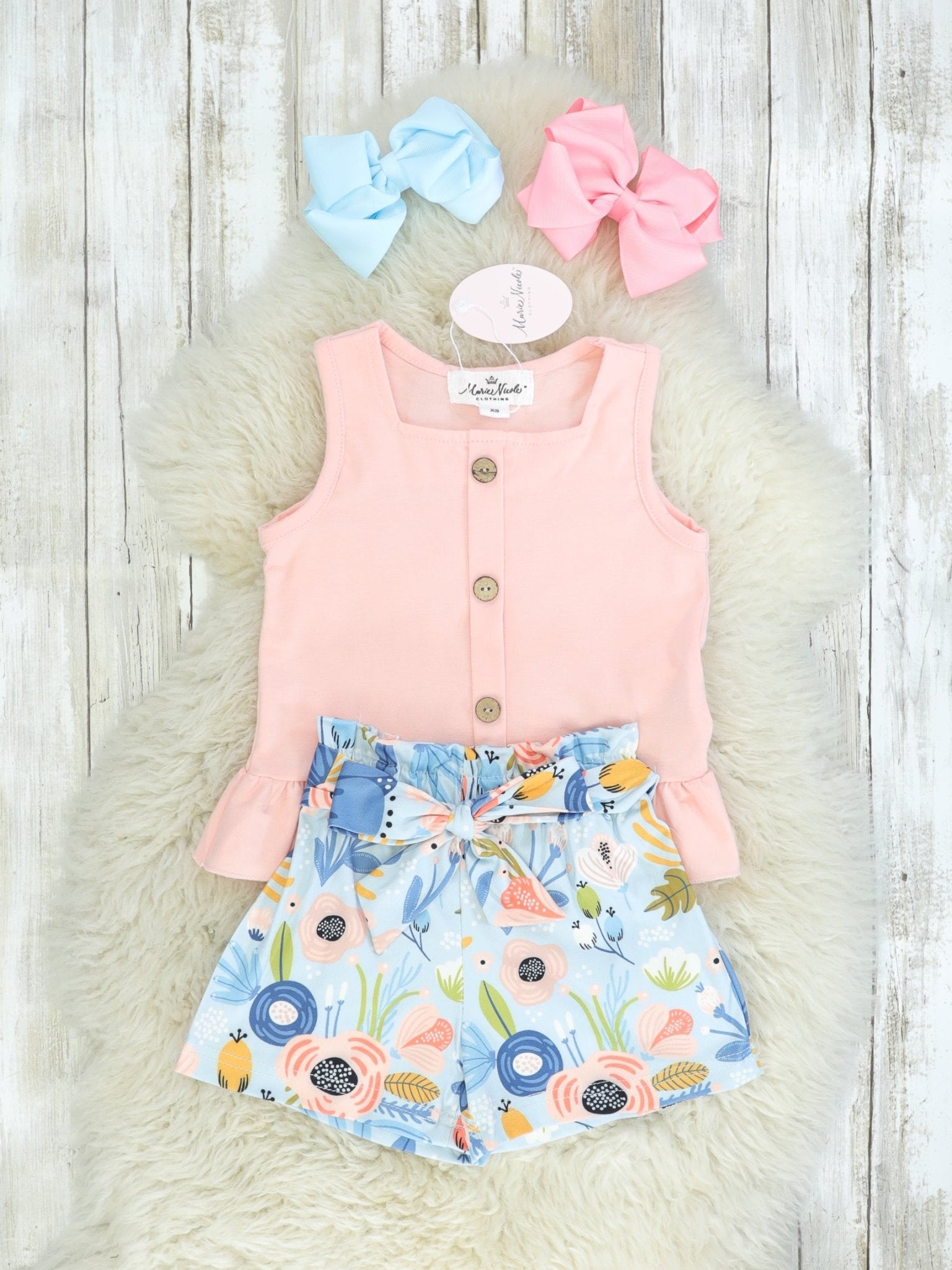 Peach Ruffle Tank & Floral Shorts Outfit - Marie Nicole Clothing