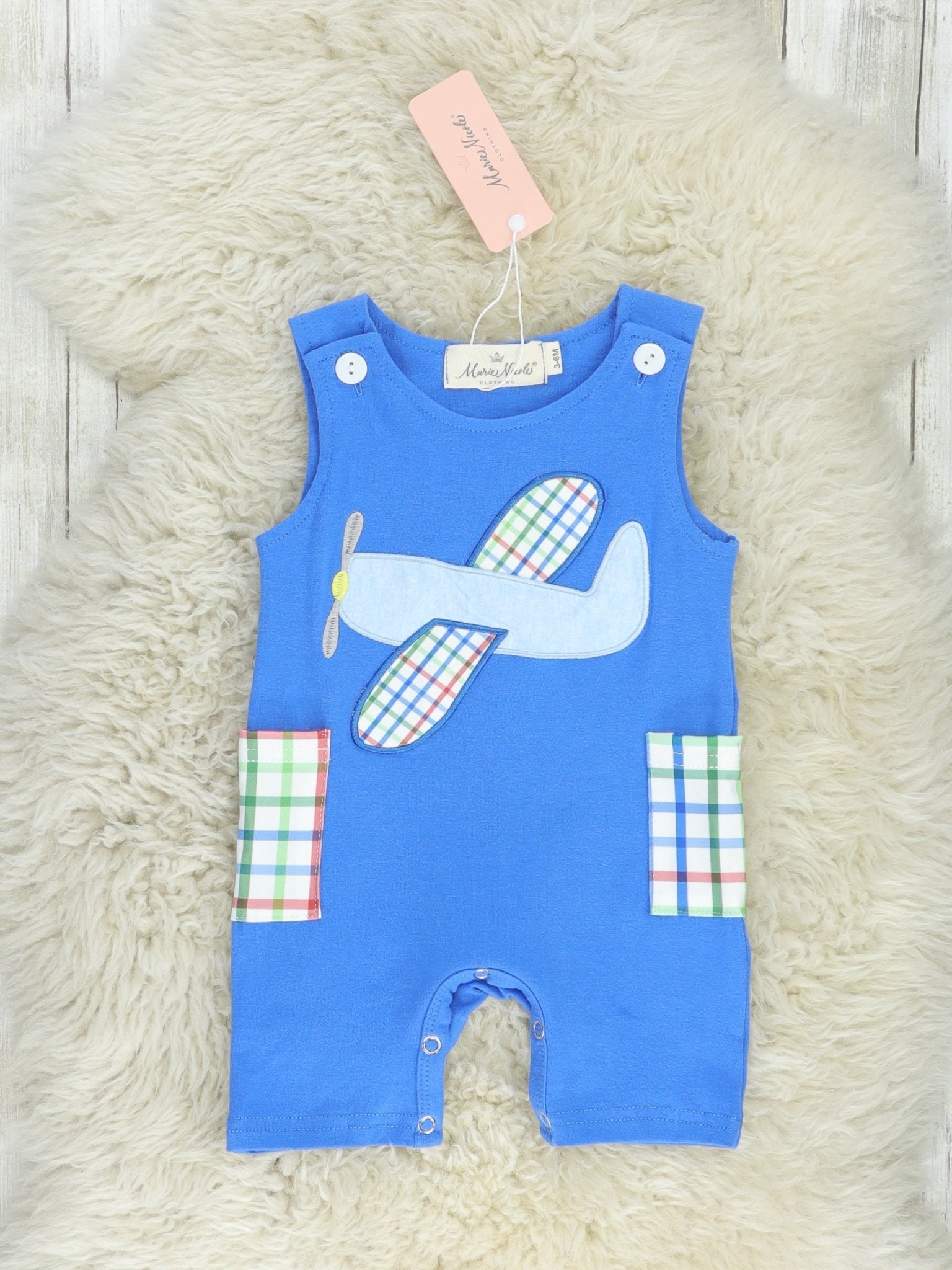 Blue Plaid Airplane Romper - Marie Nicole Clothing