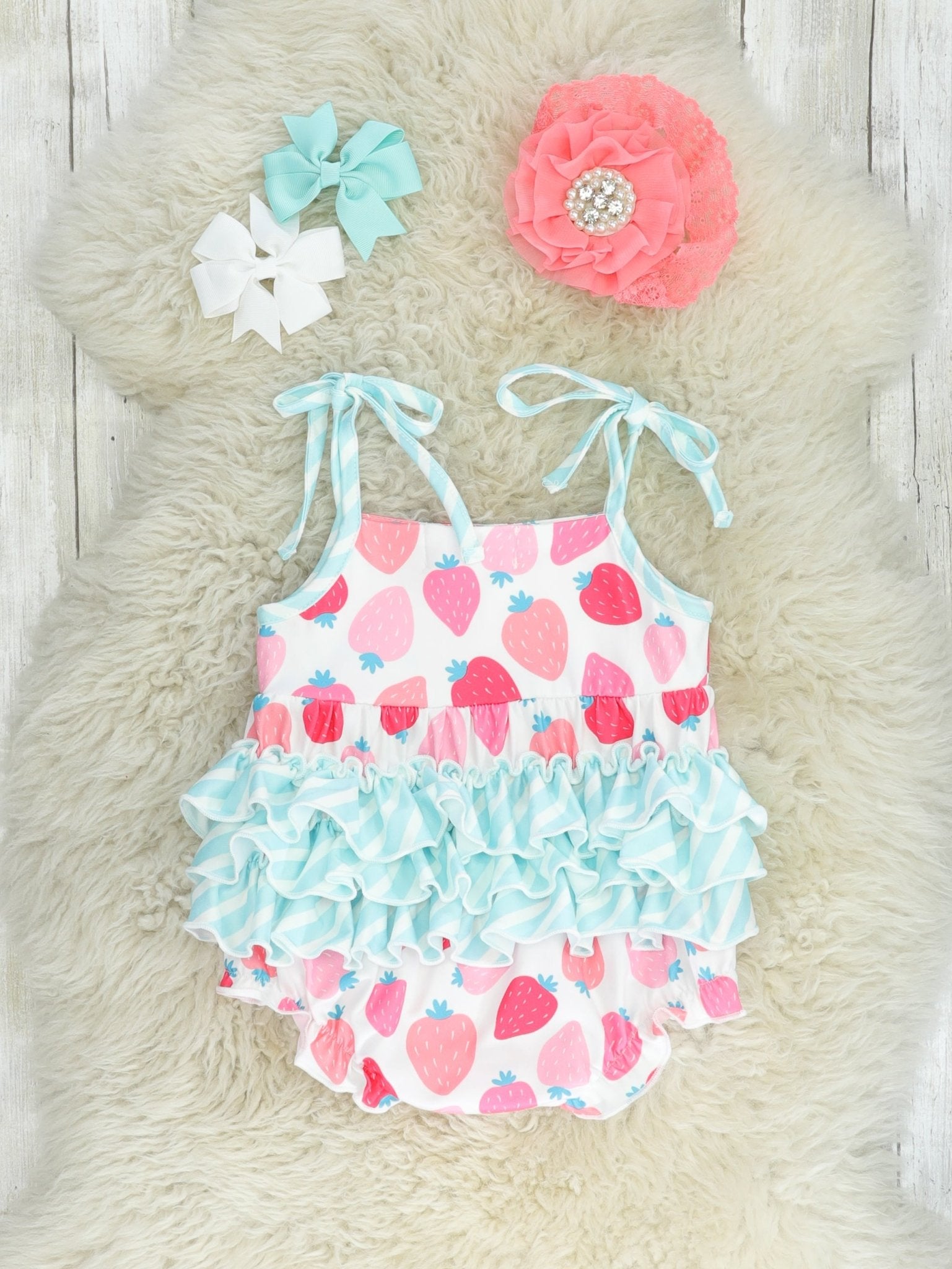 Blue Stripe Strawberry Tank Ruffle Bubble Romper - Marie Nicole Clothing