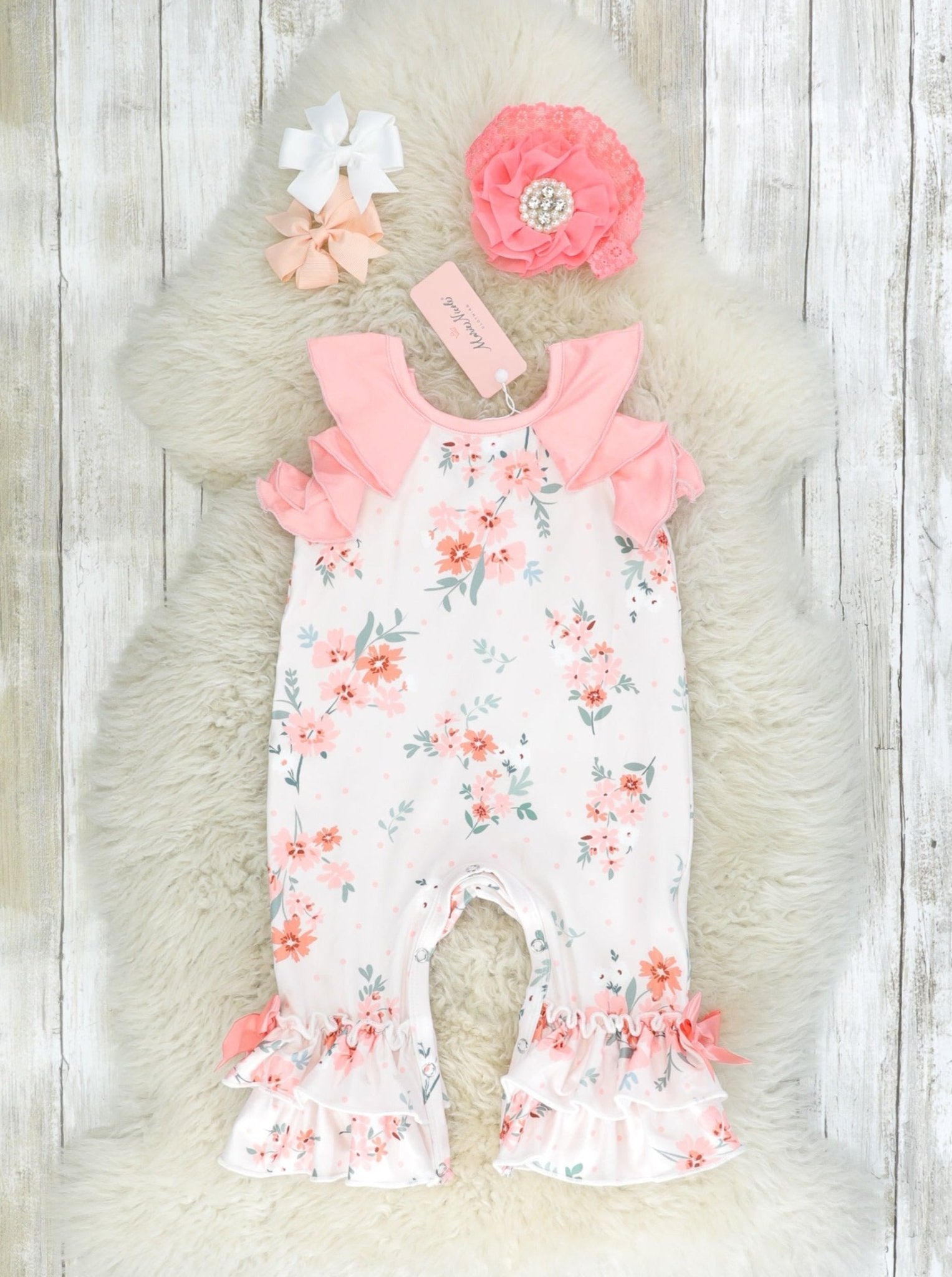 Peach Aster Ruffle Romper - Marie Nicole Clothing