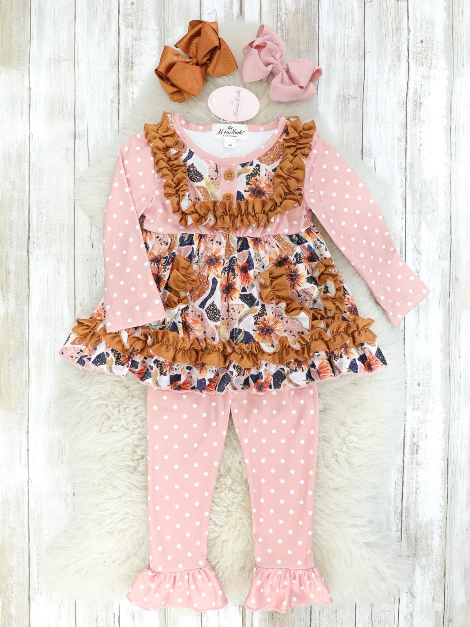 Mauve Floral Ruffle Pocket Top & Polka Dot Bottoms Outfit - Marie Nicole Clothing
