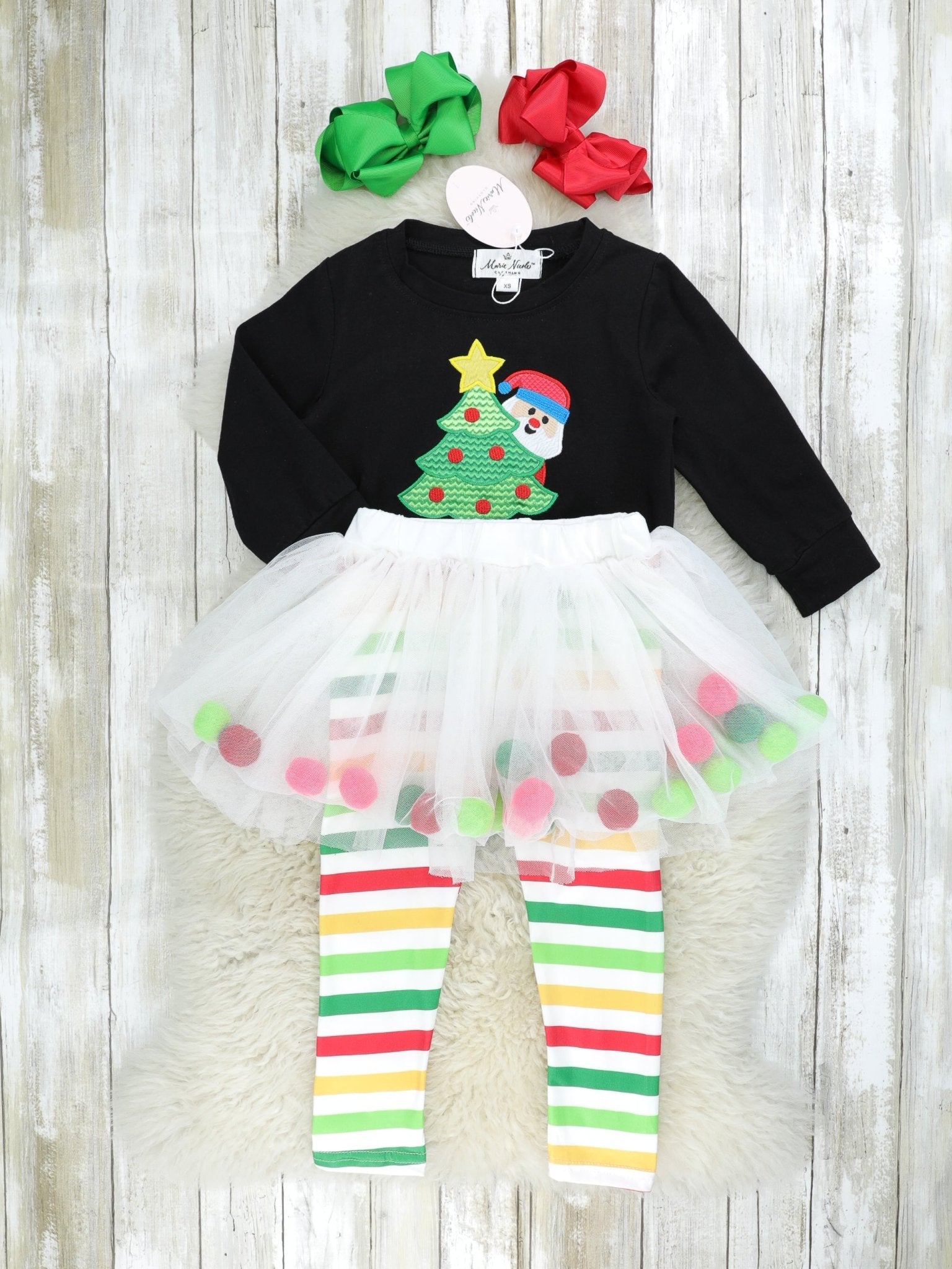 Striped Christmas Tree Tulle Pom Pom Outfit - Marie Nicole Clothing