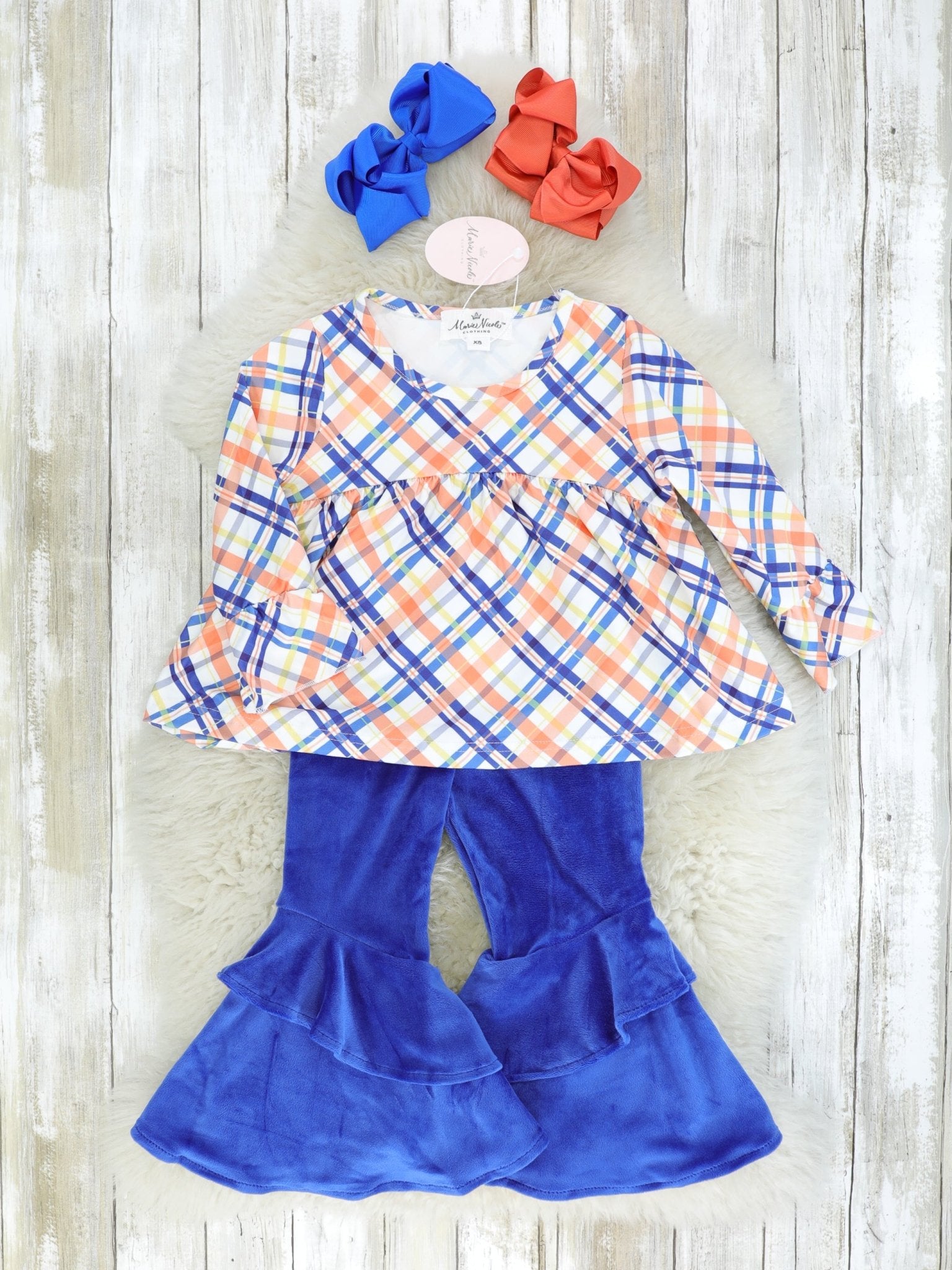 Blue & Orange Plaid Top & Velvet Ruffle Bell Bottoms Outfit - Marie Nicole Clothing