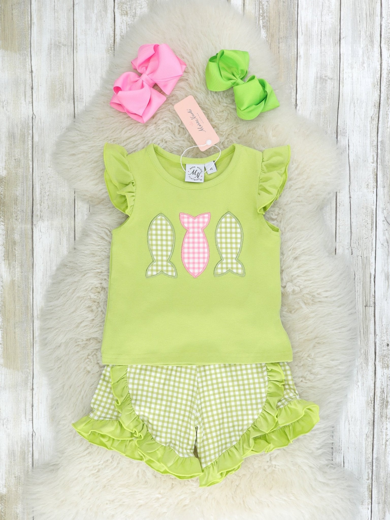 Green Gingham Fish Ruffle Outfit - Marie Nicole Clothing