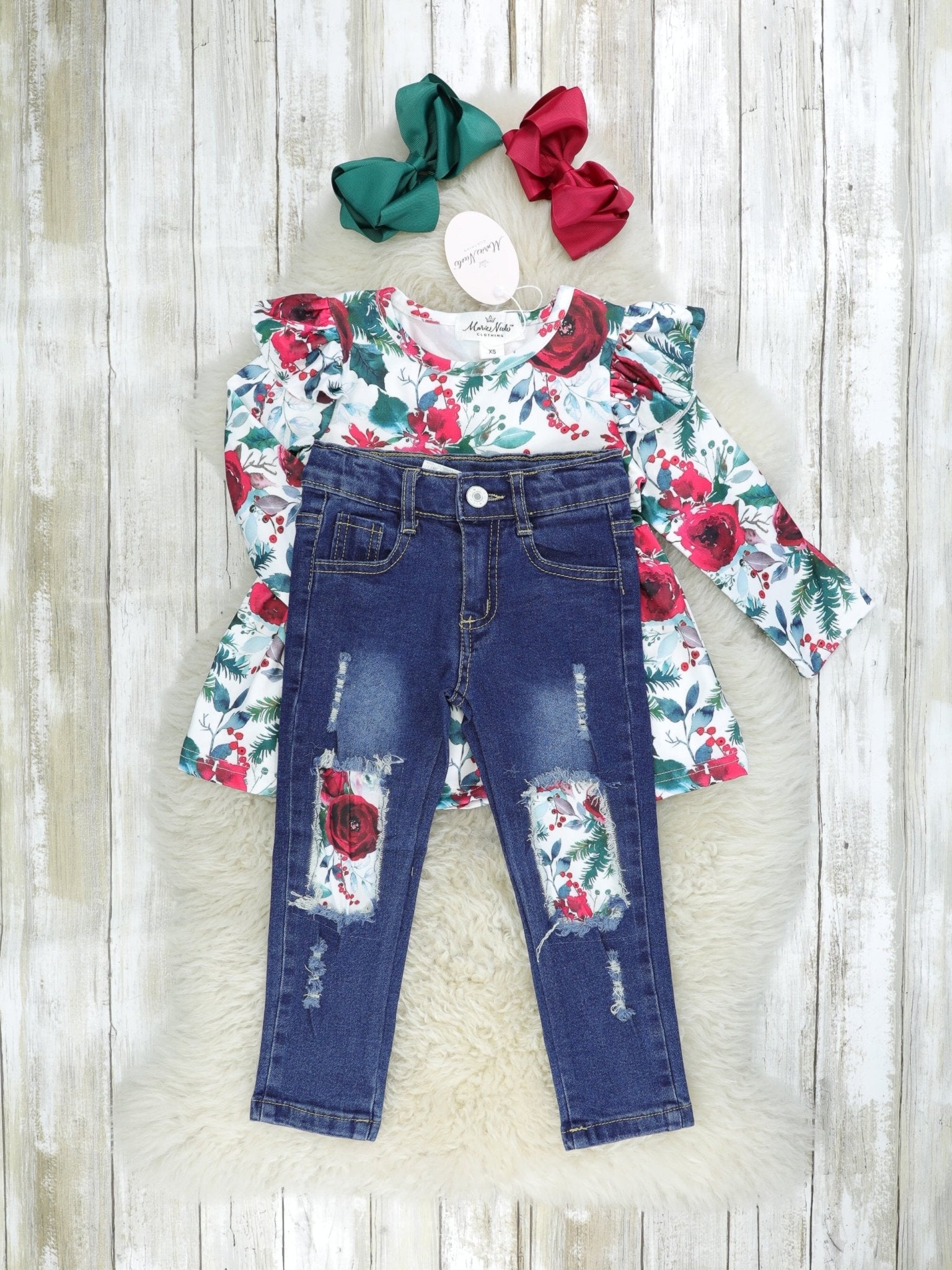 Hunter Green Rose Denim Outfit - Marie Nicole Clothing