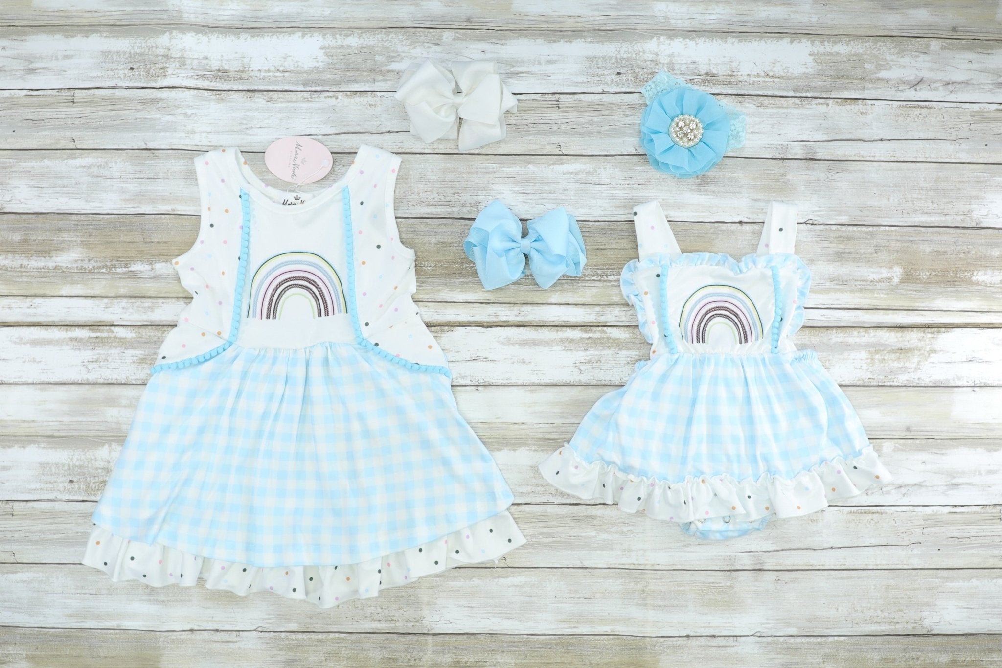 Blue Check Rainbow Ruffle Dress - Marie Nicole Clothing