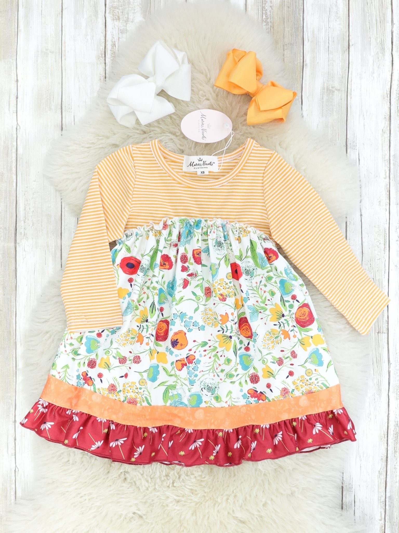 Striped Orange & Red Floral Watercolor Ruffle Dress - Marie Nicole Clothing