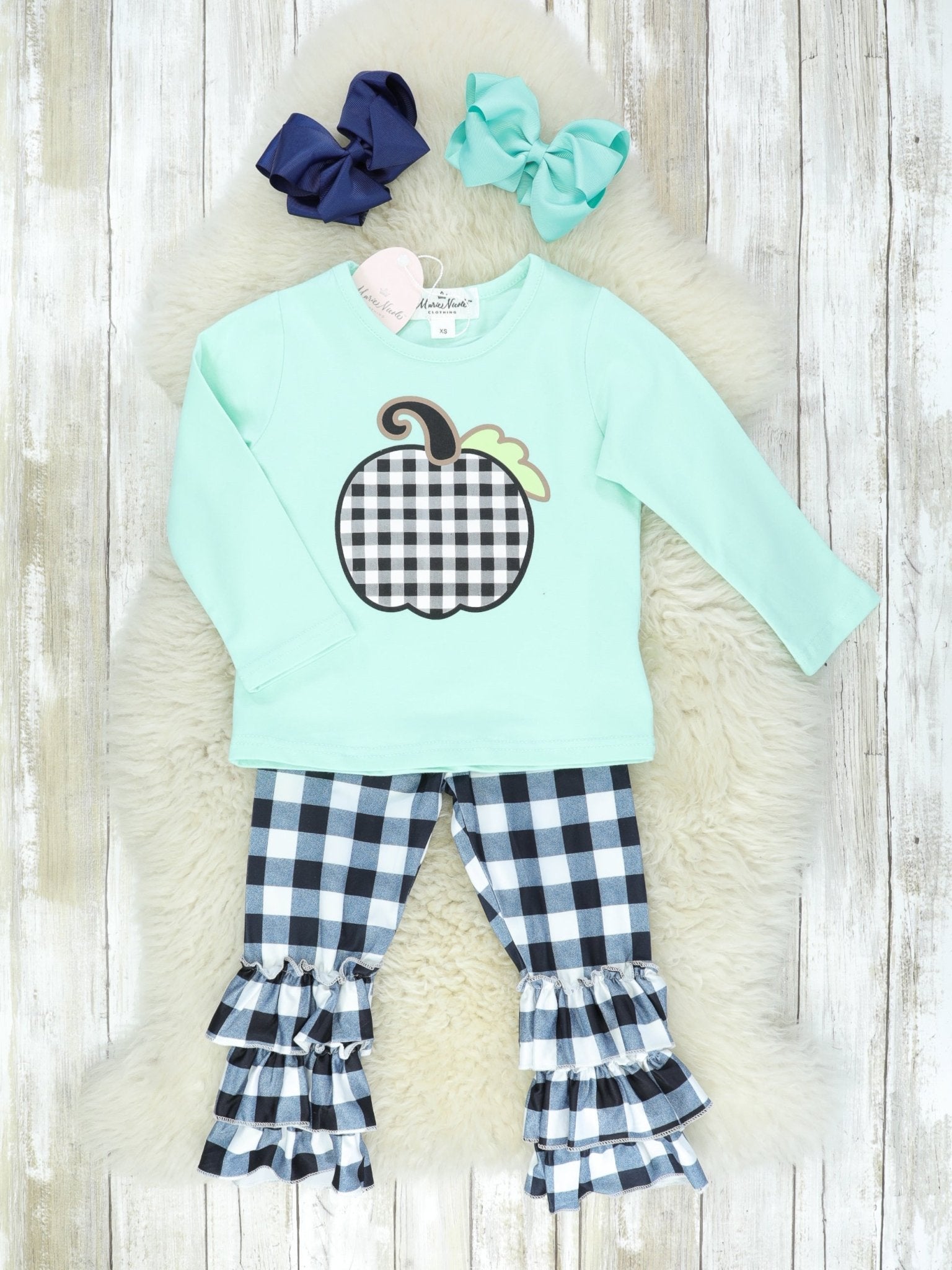 Mint & Buffalo Plaid Pumpkin Ruffle Outfit - Marie Nicole Clothing