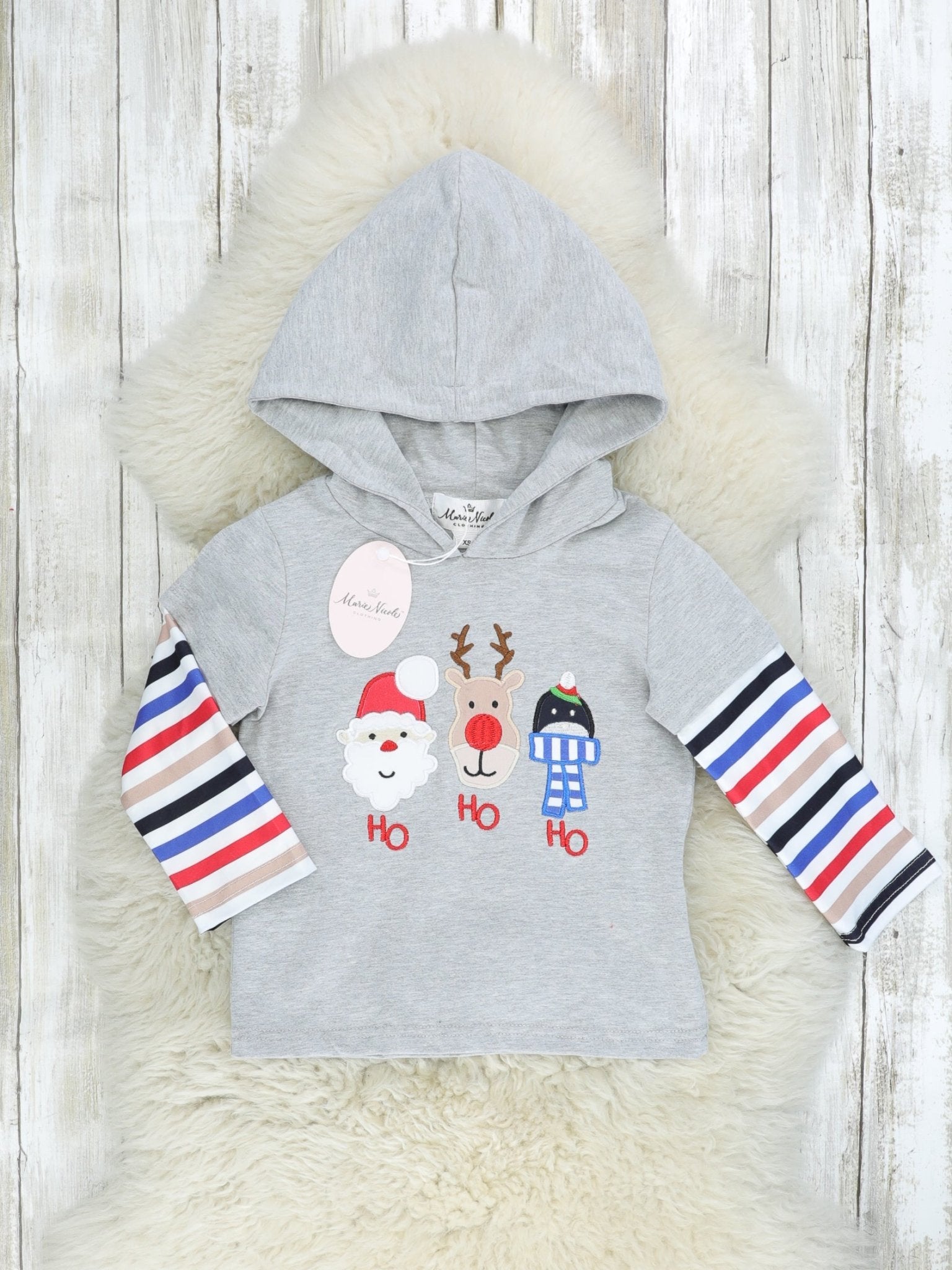 "HO HO HO" Striped Hoodie - Marie Nicole Clothing