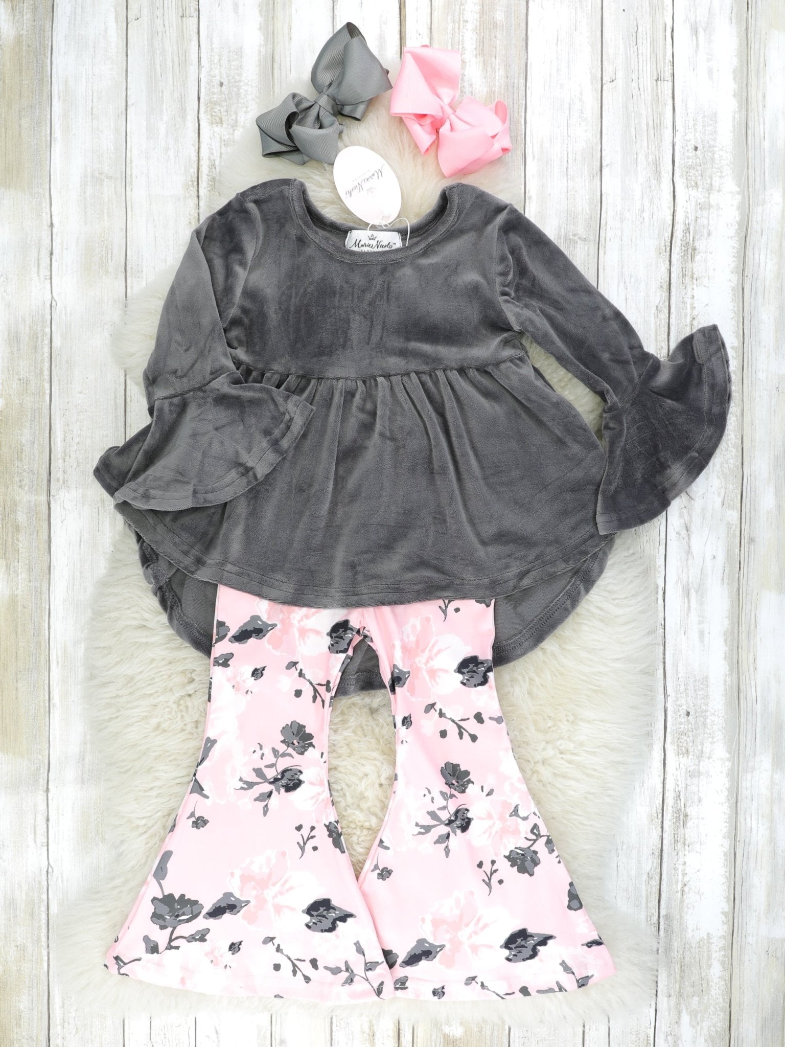 Pink & Grey Floral Velvet Bell Bottom Outfit - Marie Nicole Clothing