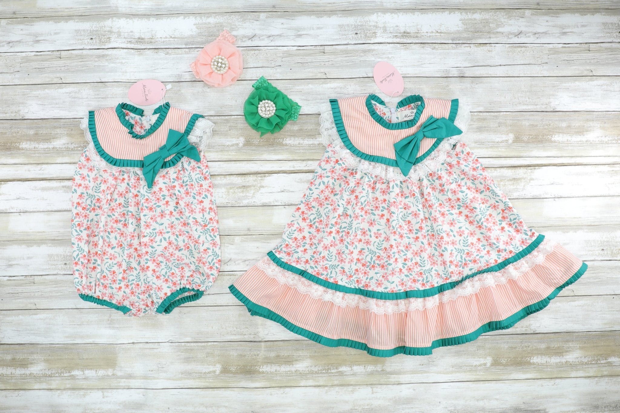 Pink & Green Floral Bow Bubble Dress - Marie Nicole Clothing