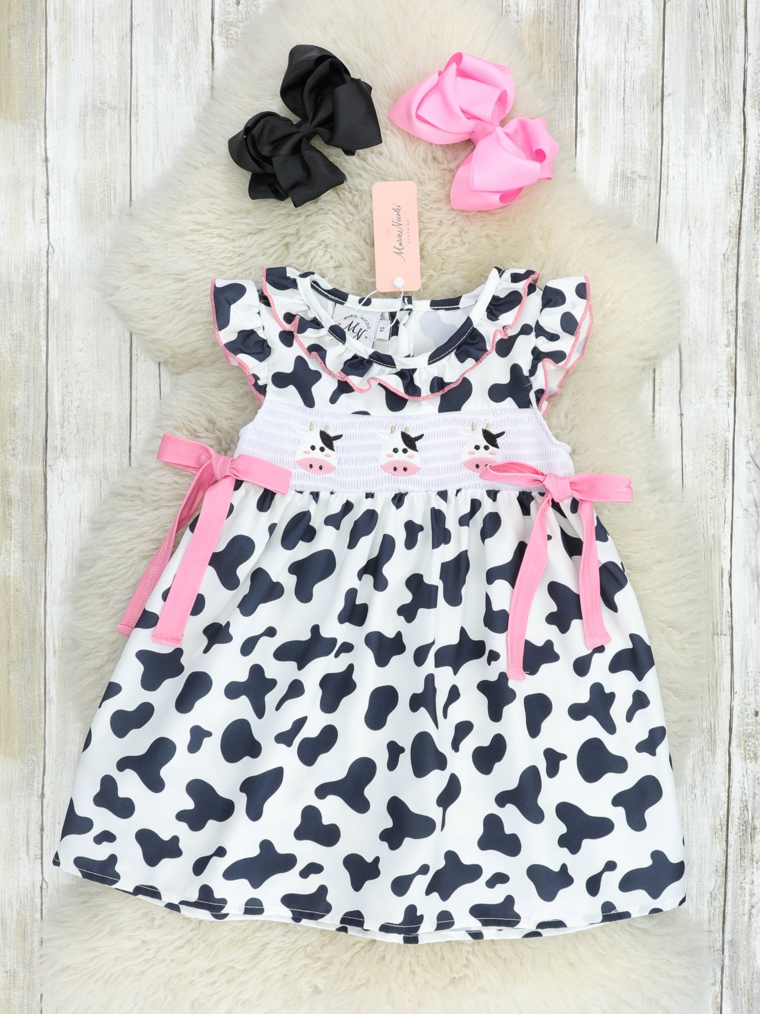 Smocked Cow Print Bow Ruffle Dress - Marie Nicole Clothing