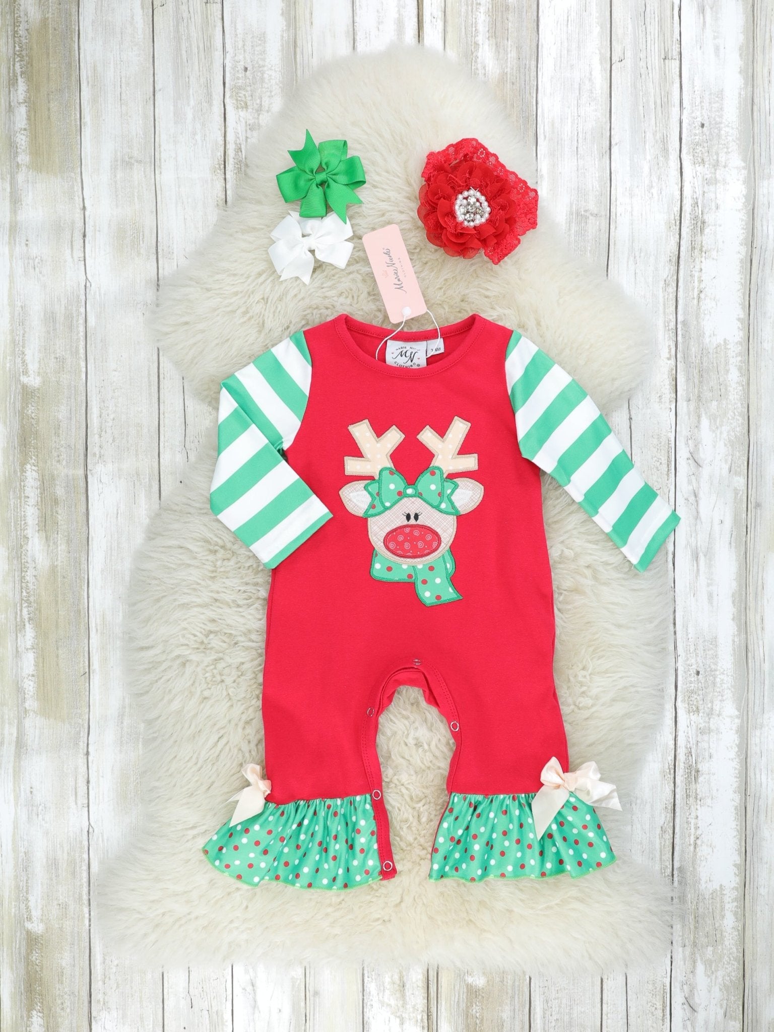 Red & Green Reindeer Ruffle Romper - Marie Nicole Clothing