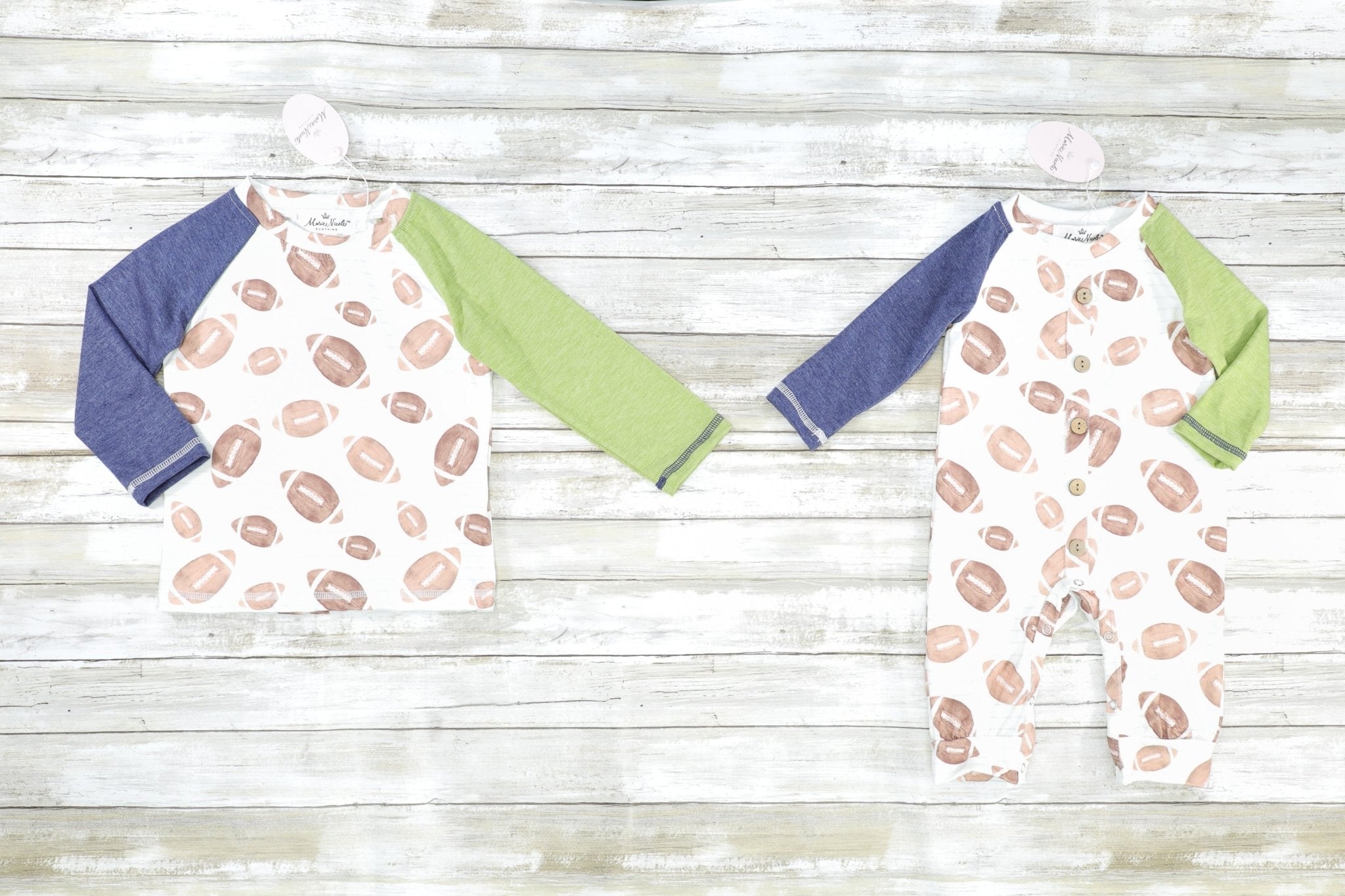 Navy & Green Football Button Romper - Marie Nicole Clothing