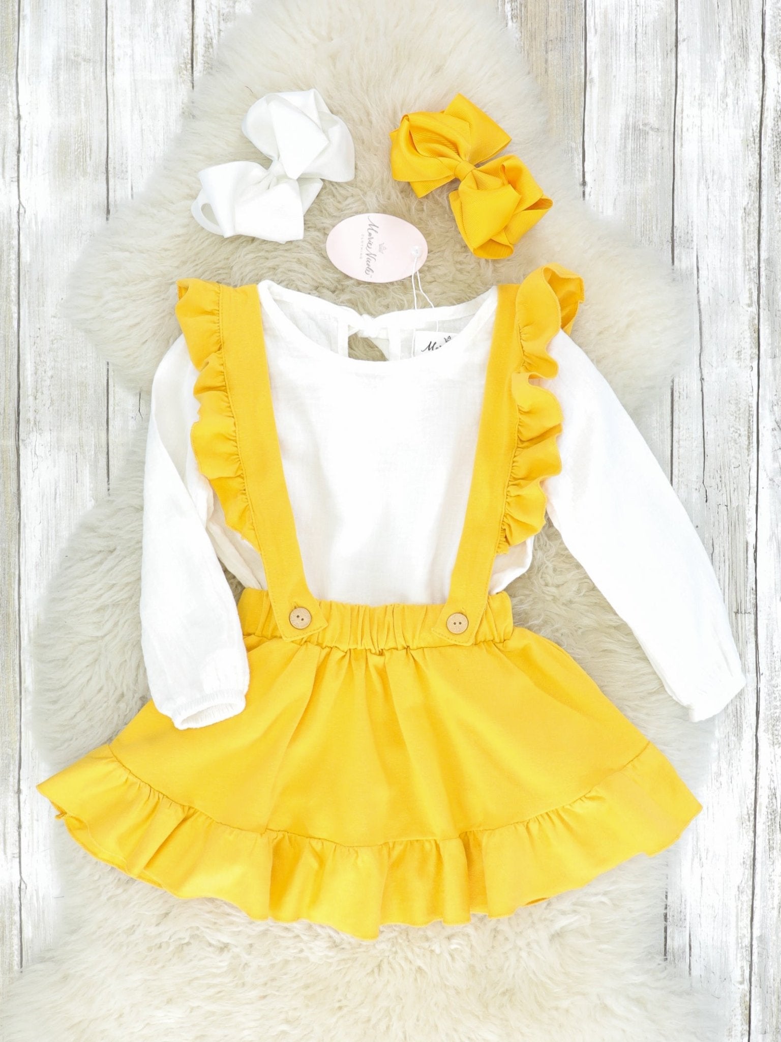 Mustard & White Suspender Skirt Set - Marie Nicole Clothing